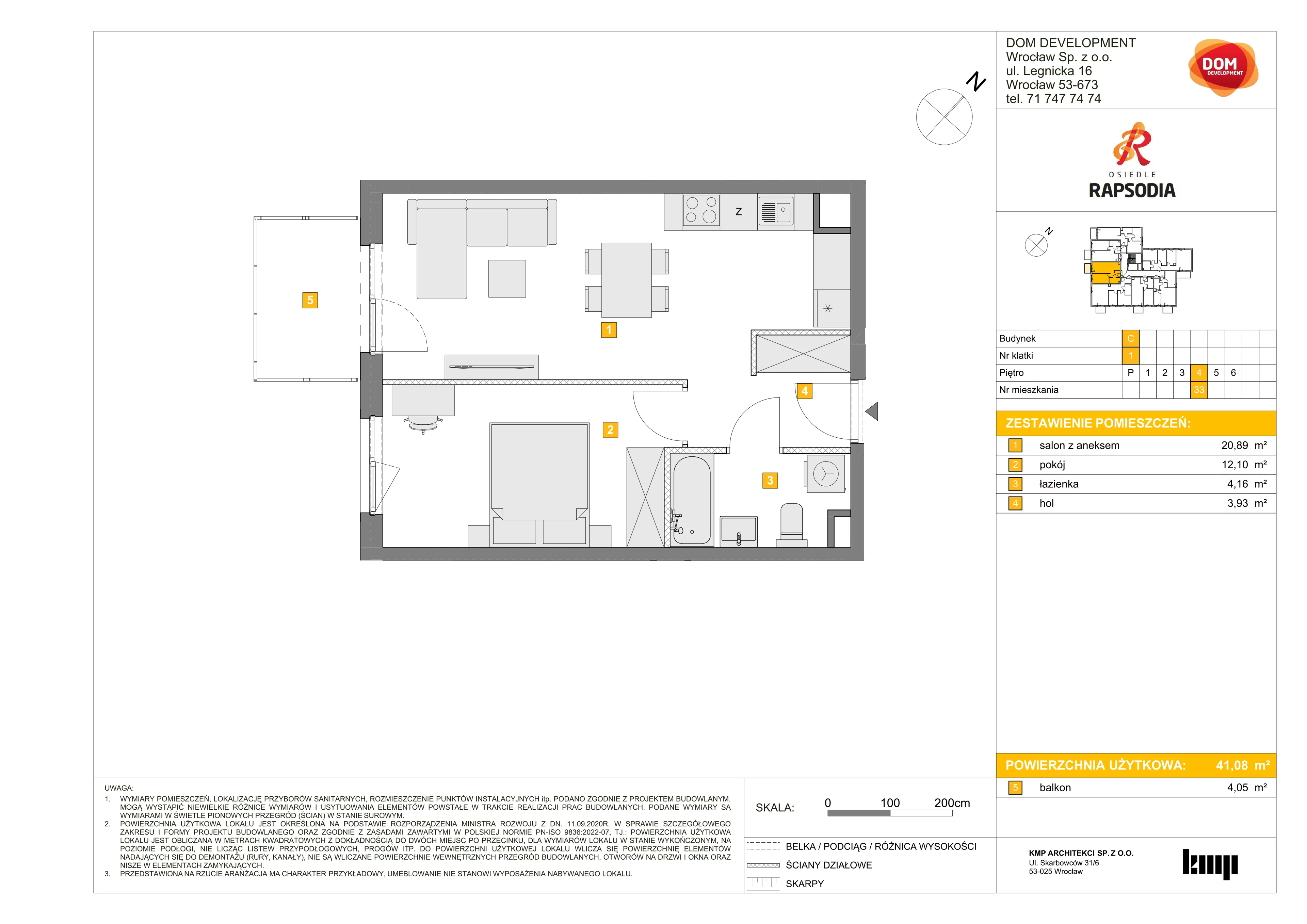 2 pokoje, mieszkanie 41,08 m², piętro 4, oferta nr C/33, Osiedle Rapsodia 2, Wrocław, Karłowice-Różanka, Różanka, ul. Wołowska 5