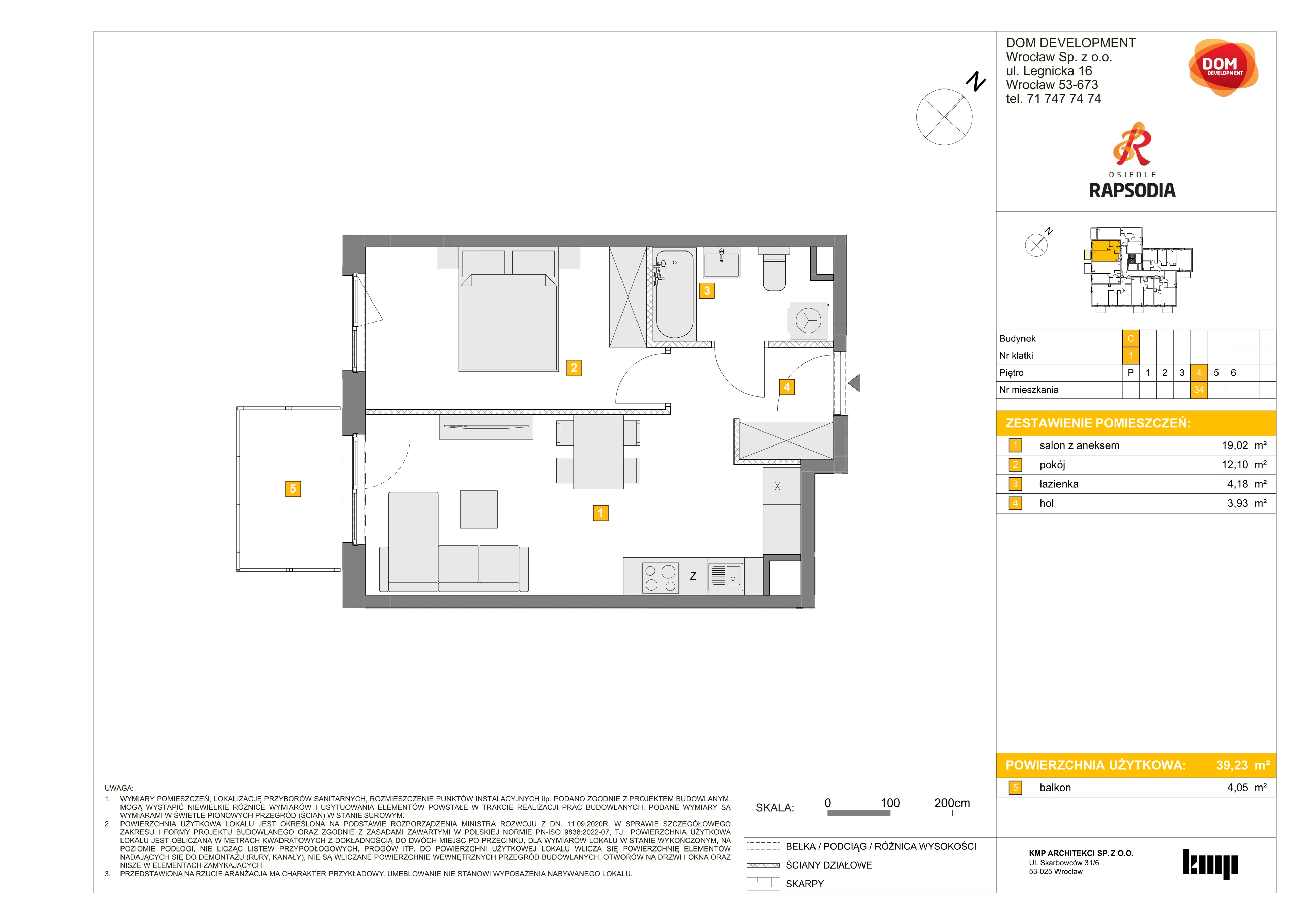 2 pokoje, mieszkanie 39,23 m², piętro 4, oferta nr C/34, Osiedle Rapsodia 2, Wrocław, Karłowice-Różanka, Różanka, ul. Wołowska 5