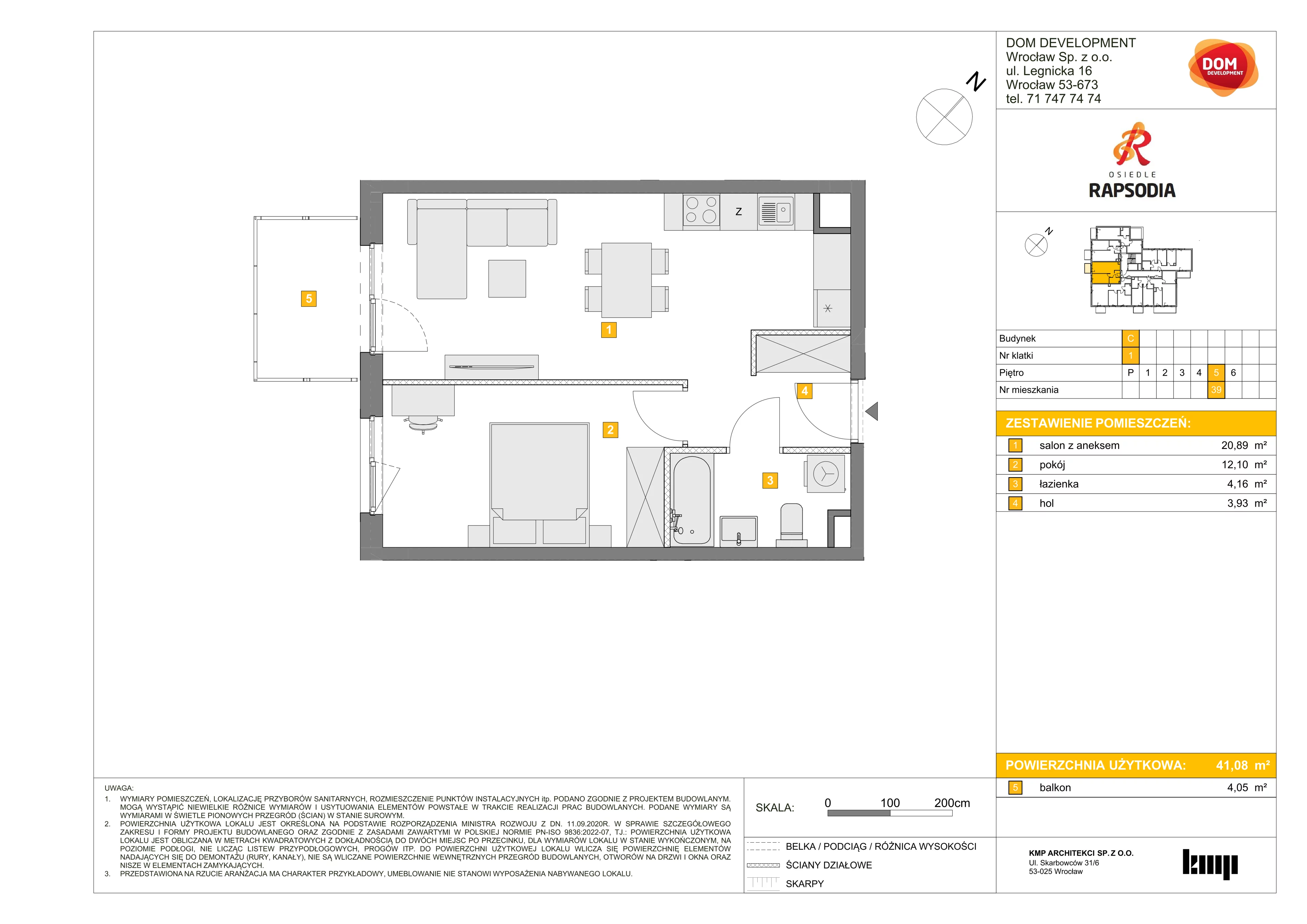 2 pokoje, mieszkanie 41,08 m², piętro 5, oferta nr C/39, Osiedle Rapsodia 2, Wrocław, Karłowice-Różanka, Różanka, ul. Wołowska 5