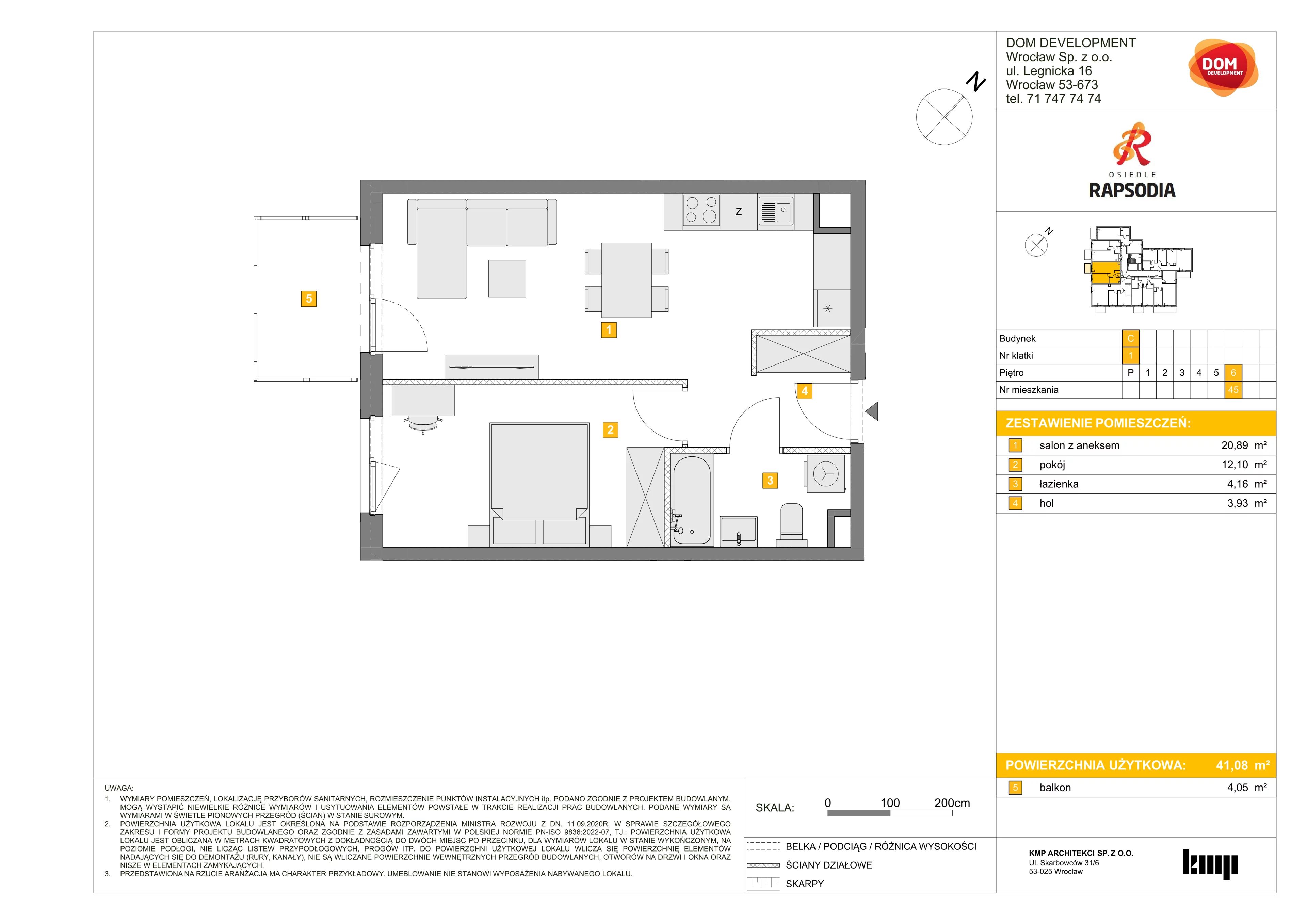 2 pokoje, mieszkanie 41,08 m², piętro 6, oferta nr C/45, Osiedle Rapsodia 2, Wrocław, Karłowice-Różanka, Różanka, ul. Wołowska 5