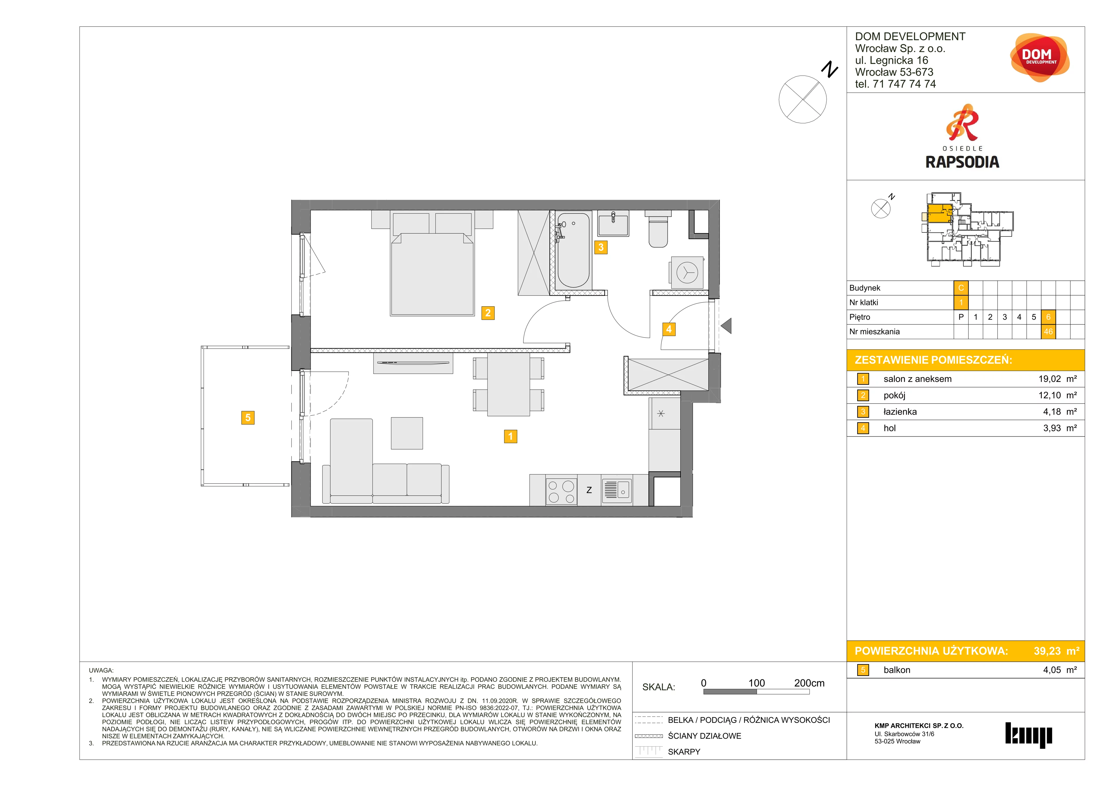 2 pokoje, mieszkanie 39,23 m², piętro 6, oferta nr C/46, Osiedle Rapsodia 2, Wrocław, Karłowice-Różanka, Różanka, ul. Wołowska 5