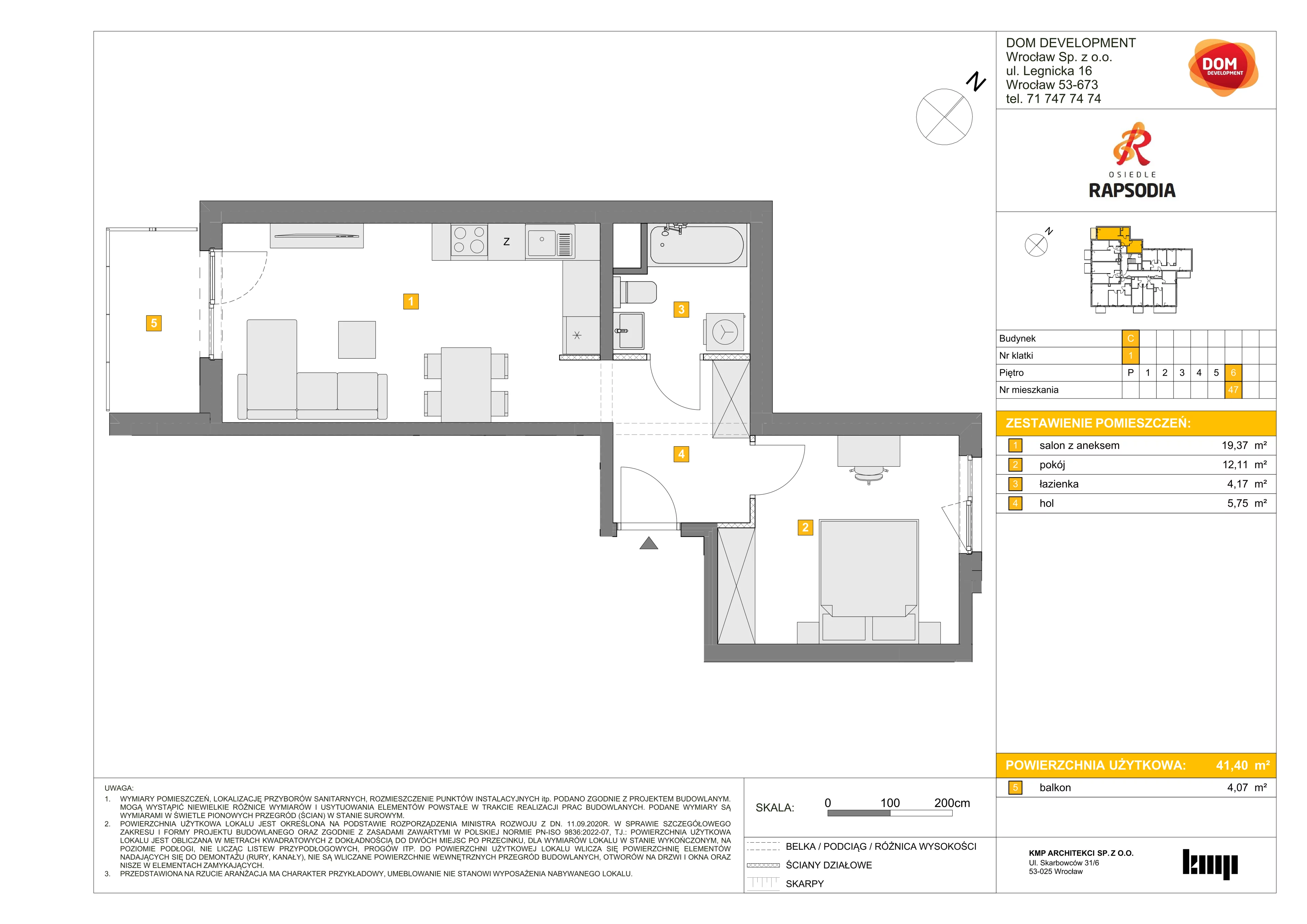 2 pokoje, mieszkanie 41,40 m², piętro 6, oferta nr C/47, Osiedle Rapsodia 2, Wrocław, Karłowice-Różanka, Różanka, ul. Wołowska 5