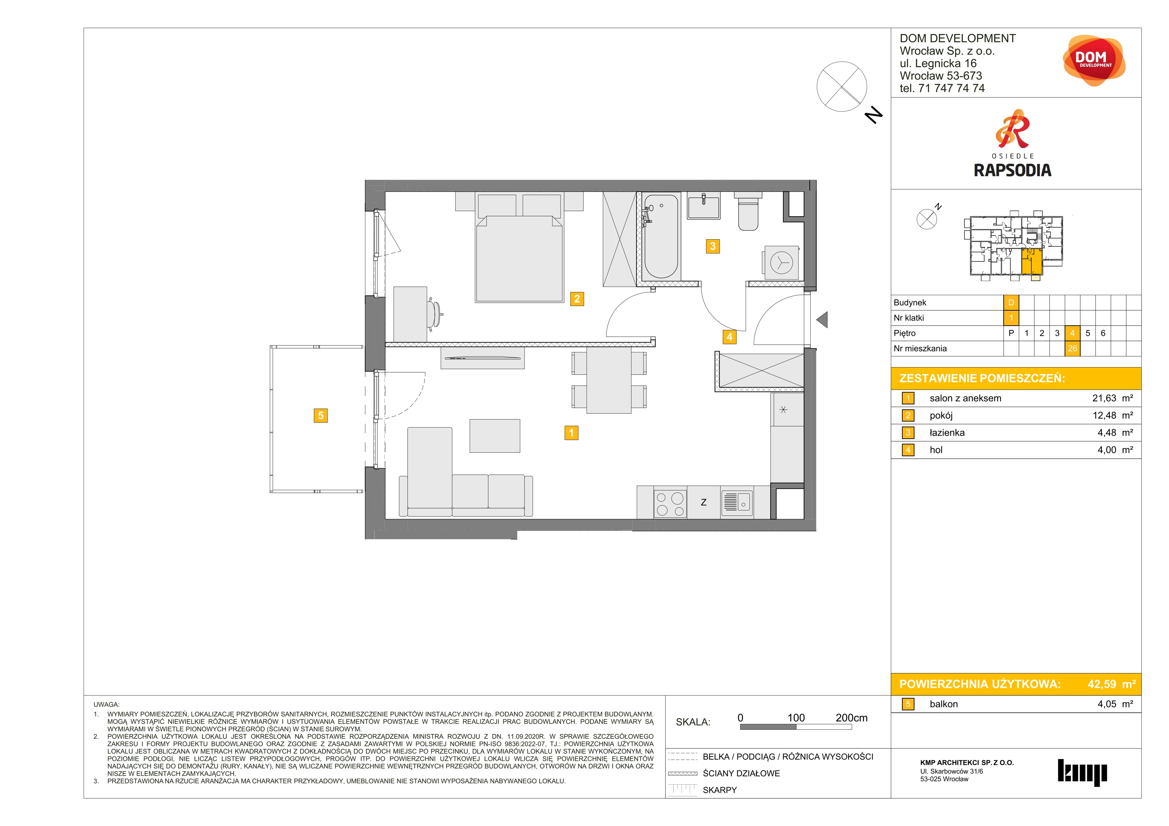 2 pokoje, mieszkanie 42,59 m², piętro 4, oferta nr D/26, Osiedle Rapsodia 2, Wrocław, Karłowice-Różanka, Różanka, ul. Wołowska 5