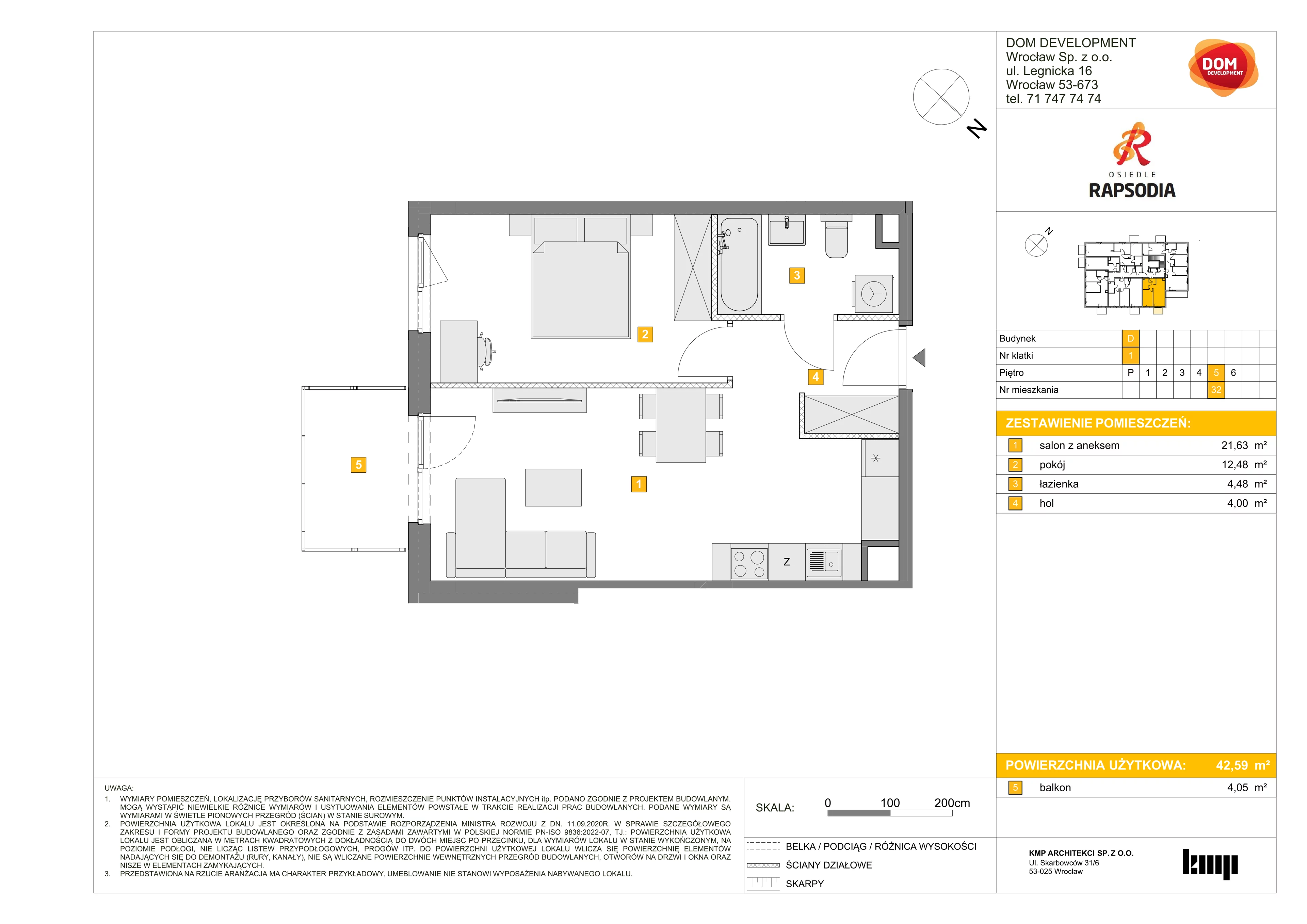 2 pokoje, mieszkanie 42,59 m², piętro 5, oferta nr D/32, Osiedle Rapsodia 2, Wrocław, Karłowice-Różanka, Różanka, ul. Wołowska 5