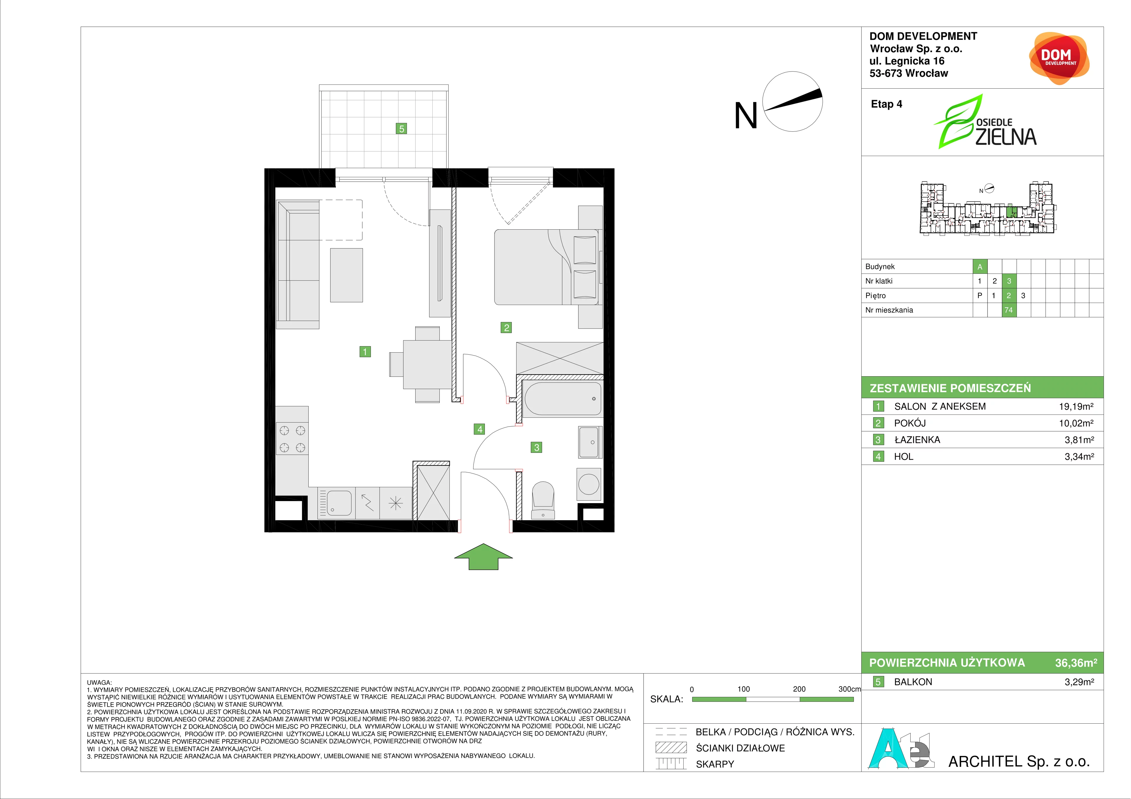 2 pokoje, mieszkanie 36,36 m², piętro 2, oferta nr A/74, Osiedle Zielna 4, Wrocław, Psie Pole-Zawidawie, Psie Pole, ul. Zielna / Bylinowa