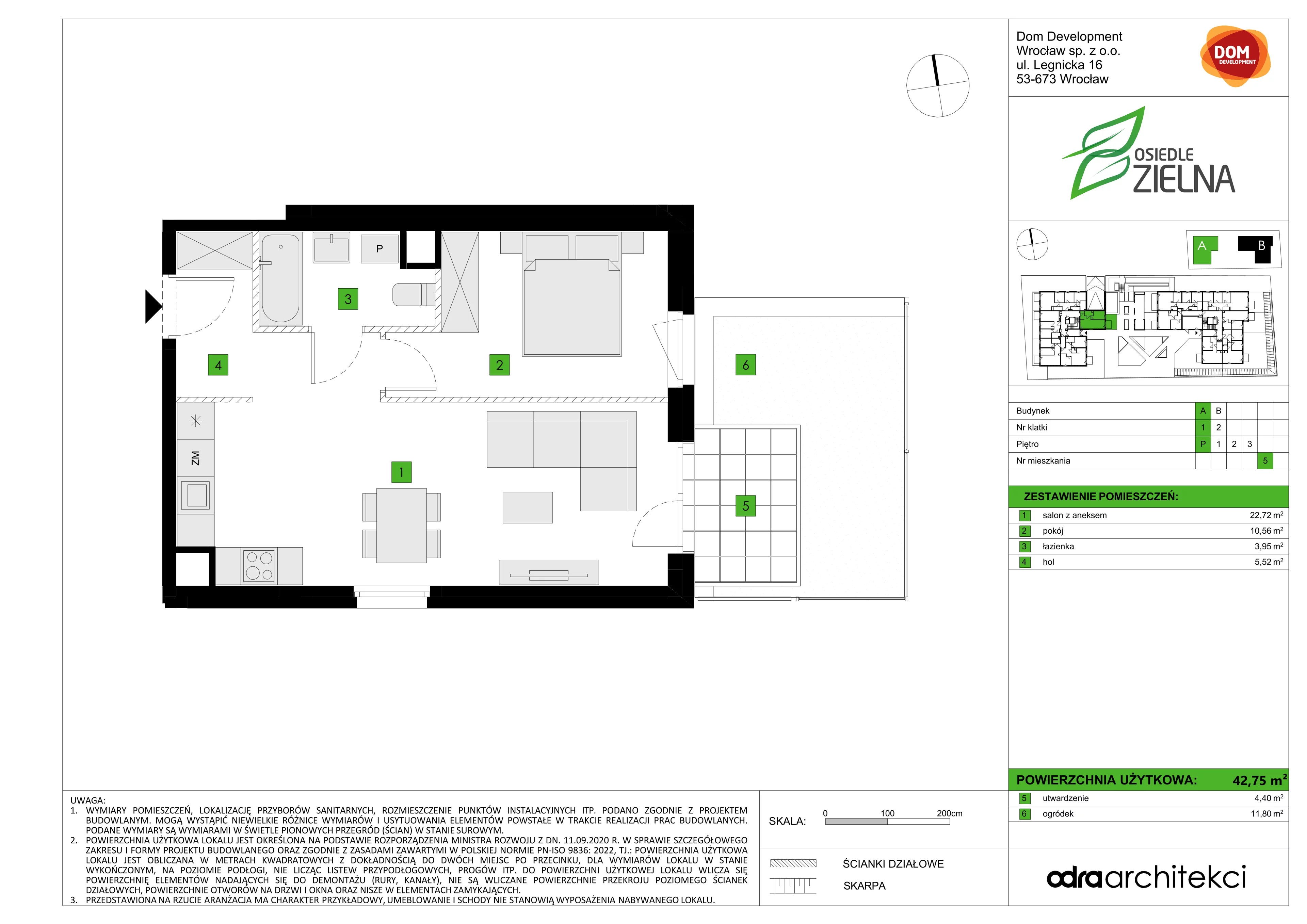 2 pokoje, mieszkanie 42,75 m², parter, oferta nr A/5, Osiedle Zielna 4.2, Wrocław, Psie Pole-Zawidawie, Psie Pole, ul. Zielna