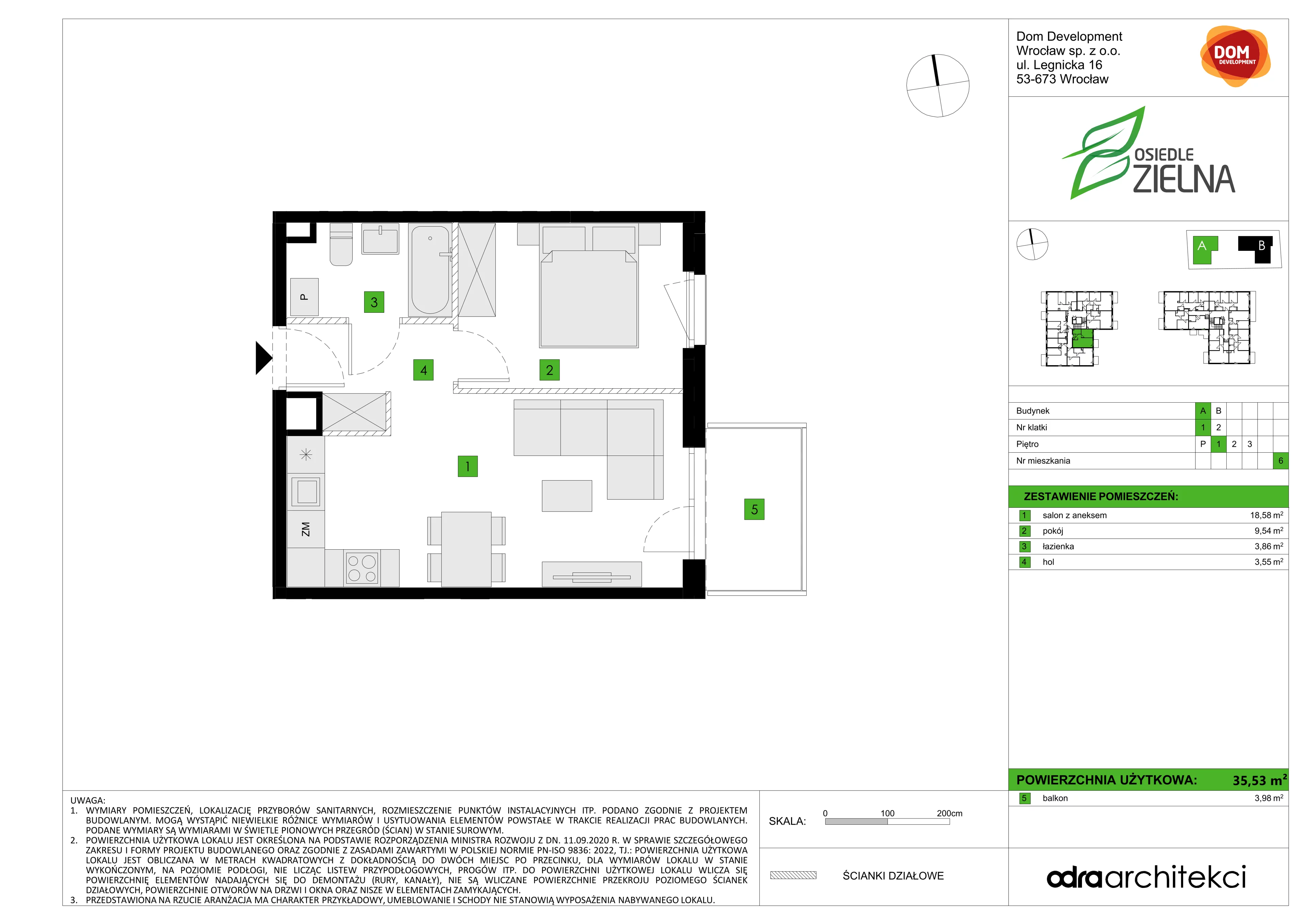 2 pokoje, mieszkanie 35,53 m², piętro 1, oferta nr A/6, Osiedle Zielna 4.2, Wrocław, Psie Pole-Zawidawie, Psie Pole, ul. Zielna