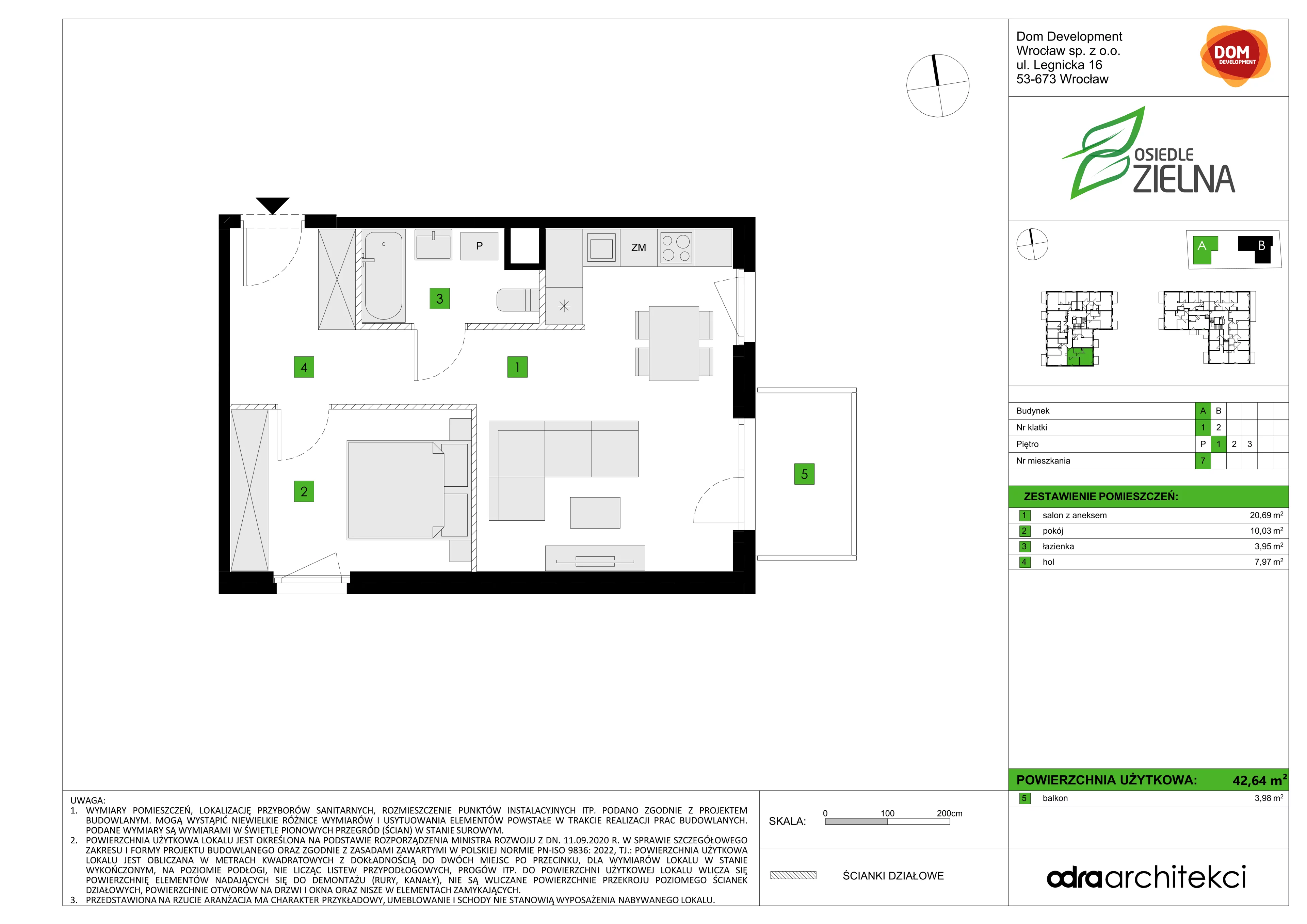 2 pokoje, mieszkanie 42,64 m², piętro 1, oferta nr A/7, Osiedle Zielna 4.2, Wrocław, Psie Pole-Zawidawie, Psie Pole, ul. Zielna