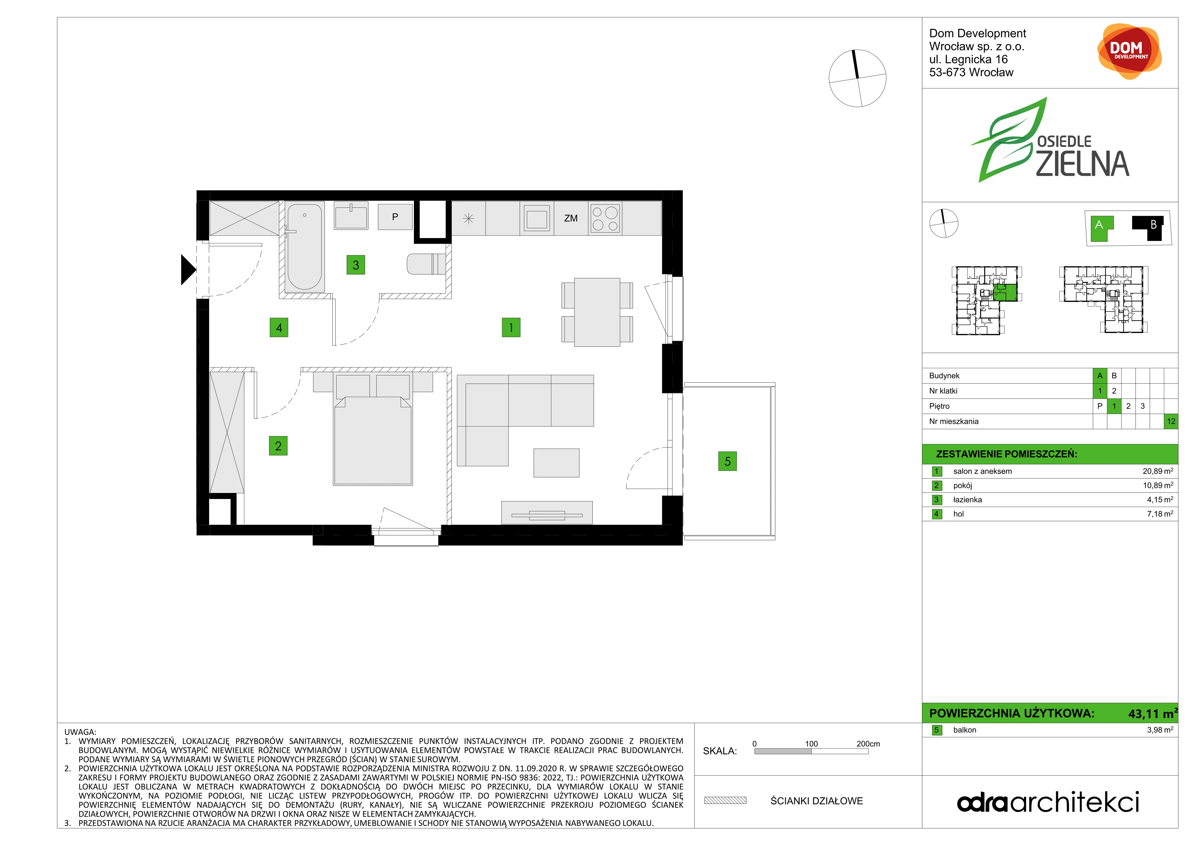 2 pokoje, mieszkanie 43,11 m², piętro 1, oferta nr A/12, Osiedle Zielna 4.2, Wrocław, Psie Pole-Zawidawie, Psie Pole, ul. Zielna