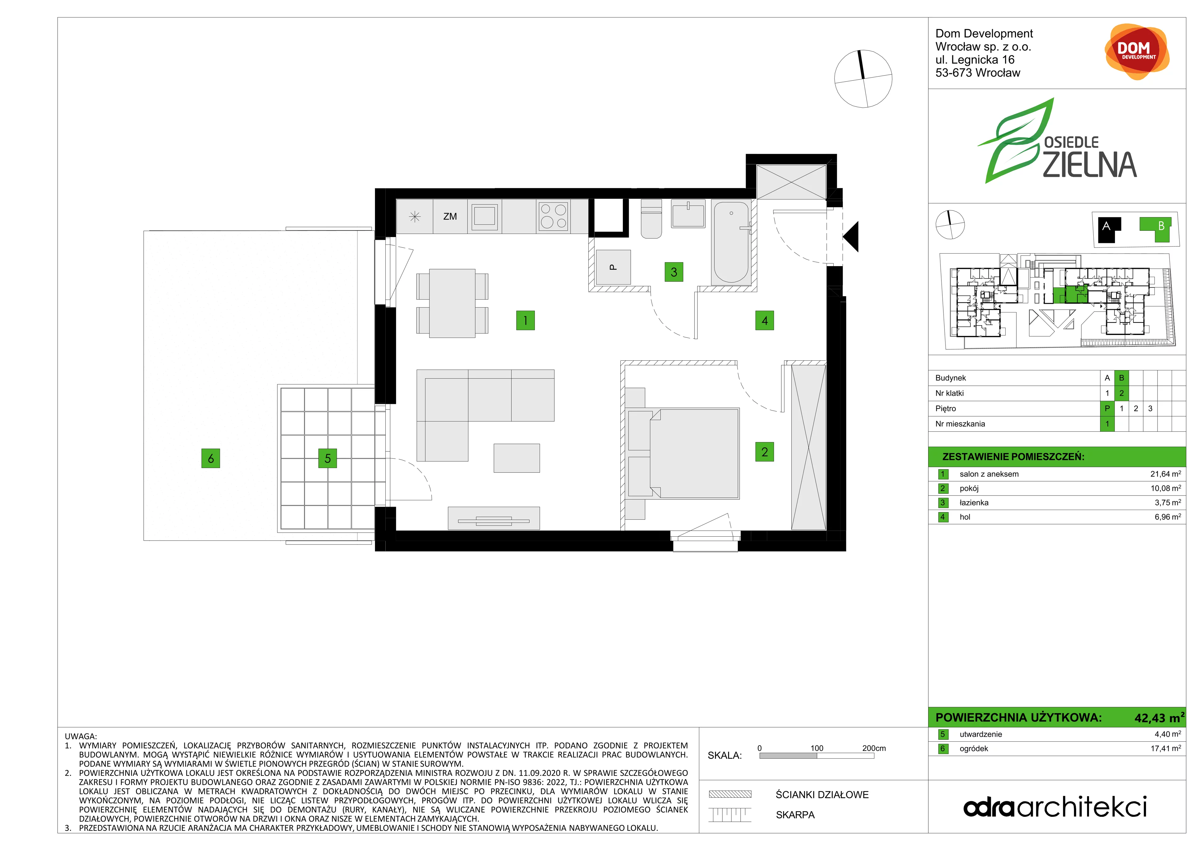 2 pokoje, mieszkanie 42,43 m², parter, oferta nr B/1, Osiedle Zielna 4.2, Wrocław, Psie Pole-Zawidawie, Psie Pole, ul. Zielna
