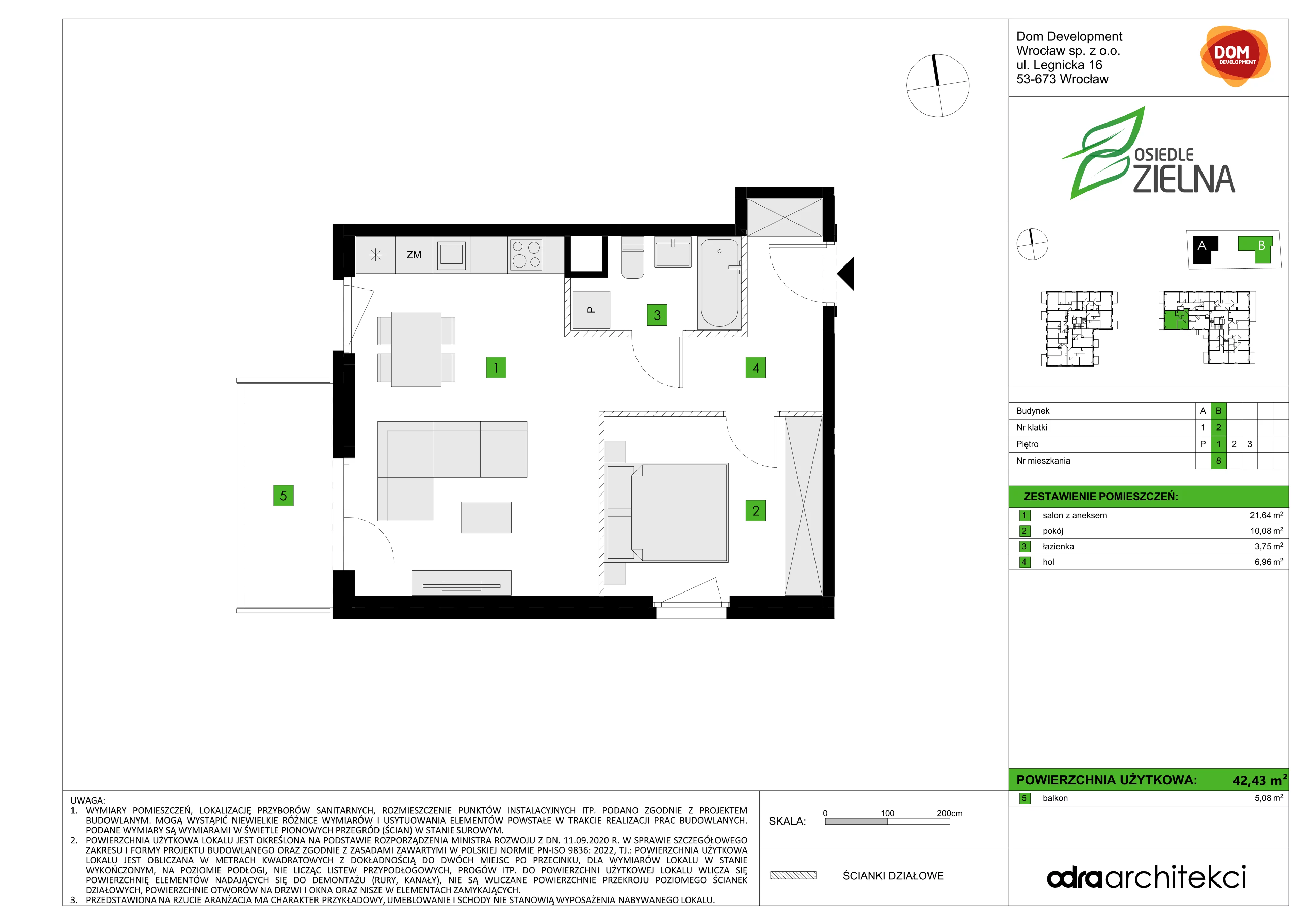 2 pokoje, mieszkanie 42,43 m², piętro 1, oferta nr B/8, Osiedle Zielna 4.2, Wrocław, Psie Pole-Zawidawie, Psie Pole, ul. Zielna
