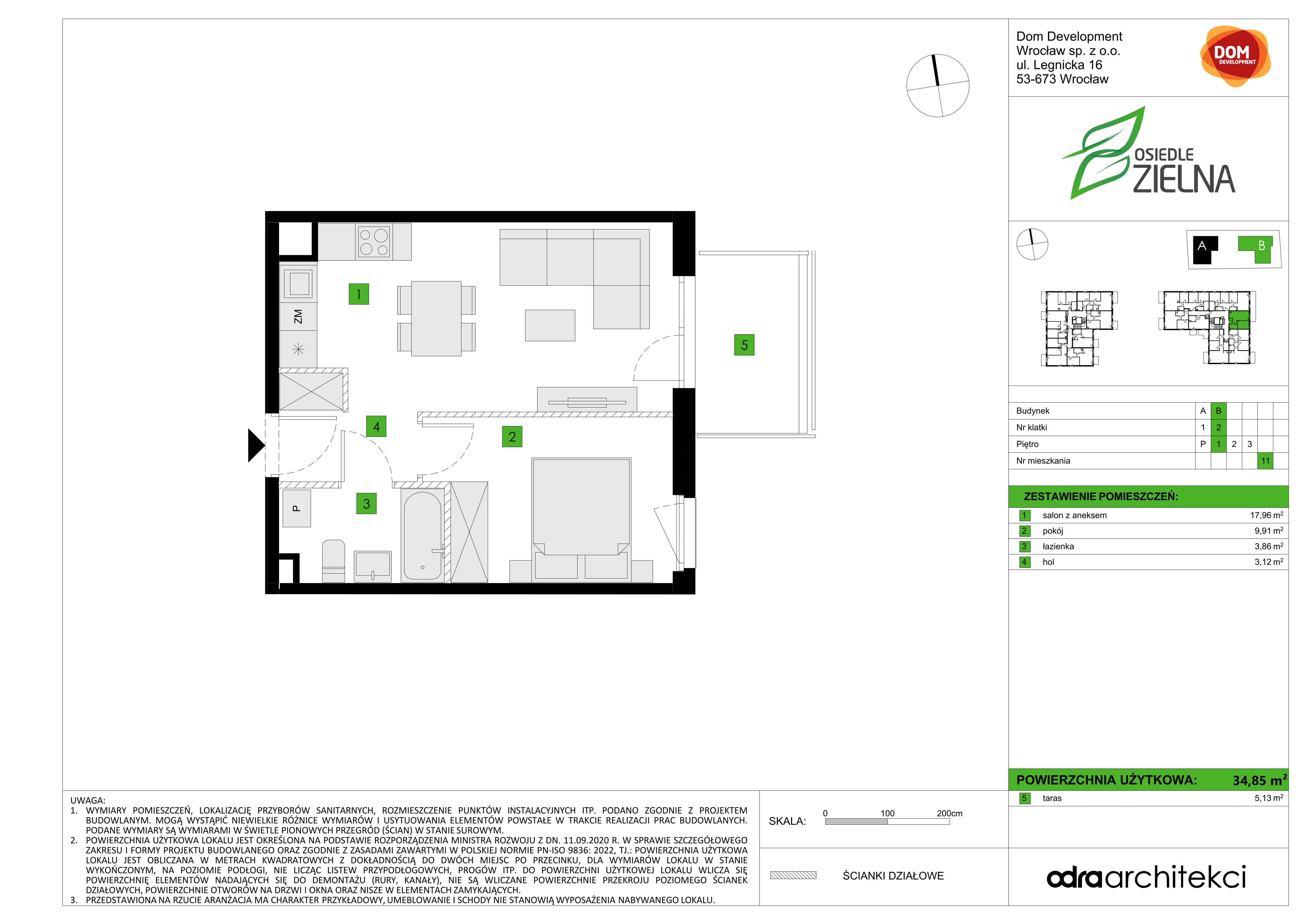 2 pokoje, mieszkanie 34,85 m², piętro 1, oferta nr B/11, Osiedle Zielna 4.2, Wrocław, Psie Pole-Zawidawie, Psie Pole, ul. Zielna