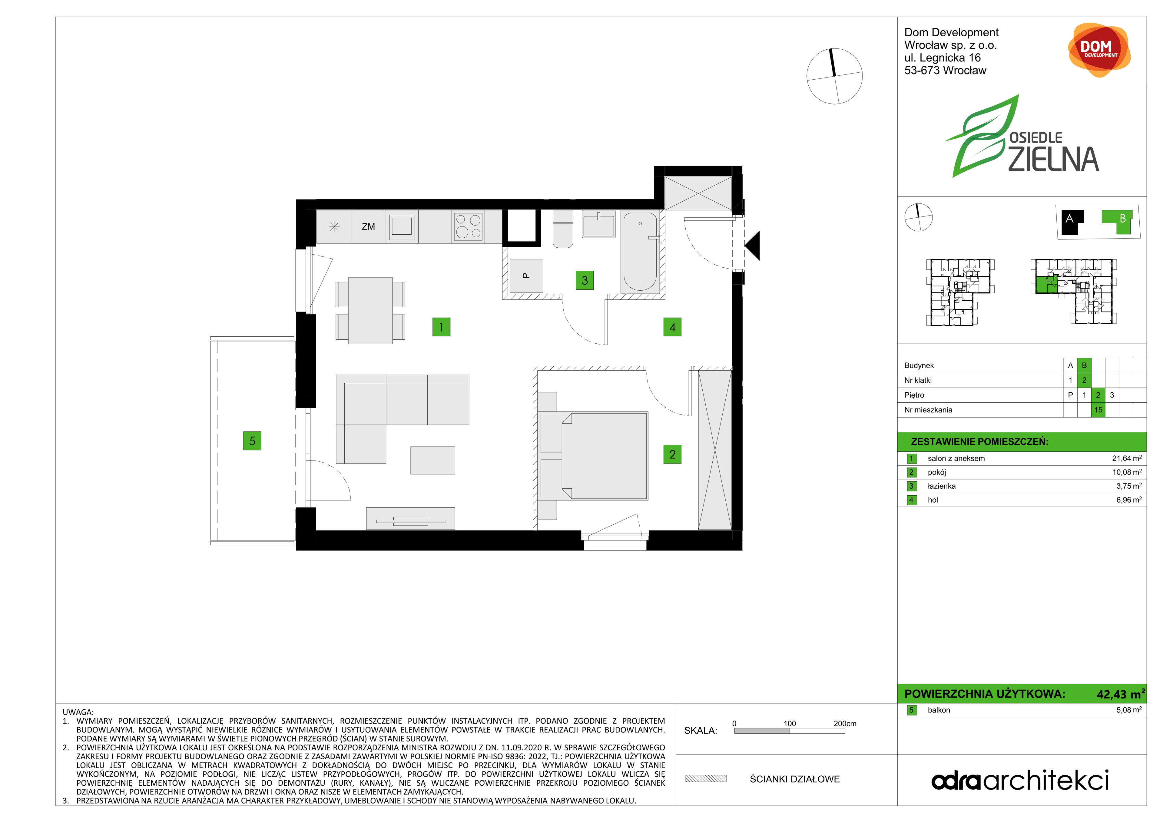 2 pokoje, mieszkanie 42,43 m², piętro 2, oferta nr B/15, Osiedle Zielna 4.2, Wrocław, Psie Pole-Zawidawie, Psie Pole, ul. Zielna
