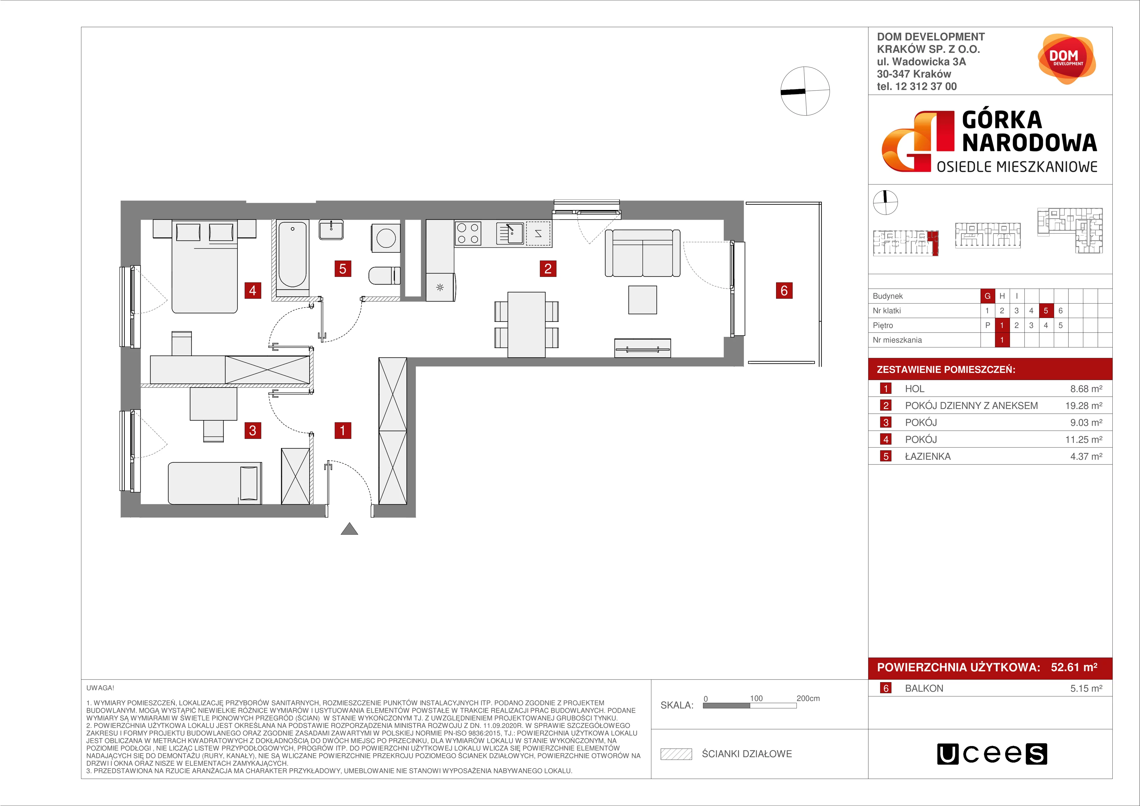 3 pokoje, mieszkanie 52,61 m², piętro 1, oferta nr G/1, Osiedle Górka Narodowa, Kraków, Prądnik Biały, Górka Narodowa, ul. Andrzeja Zauchy