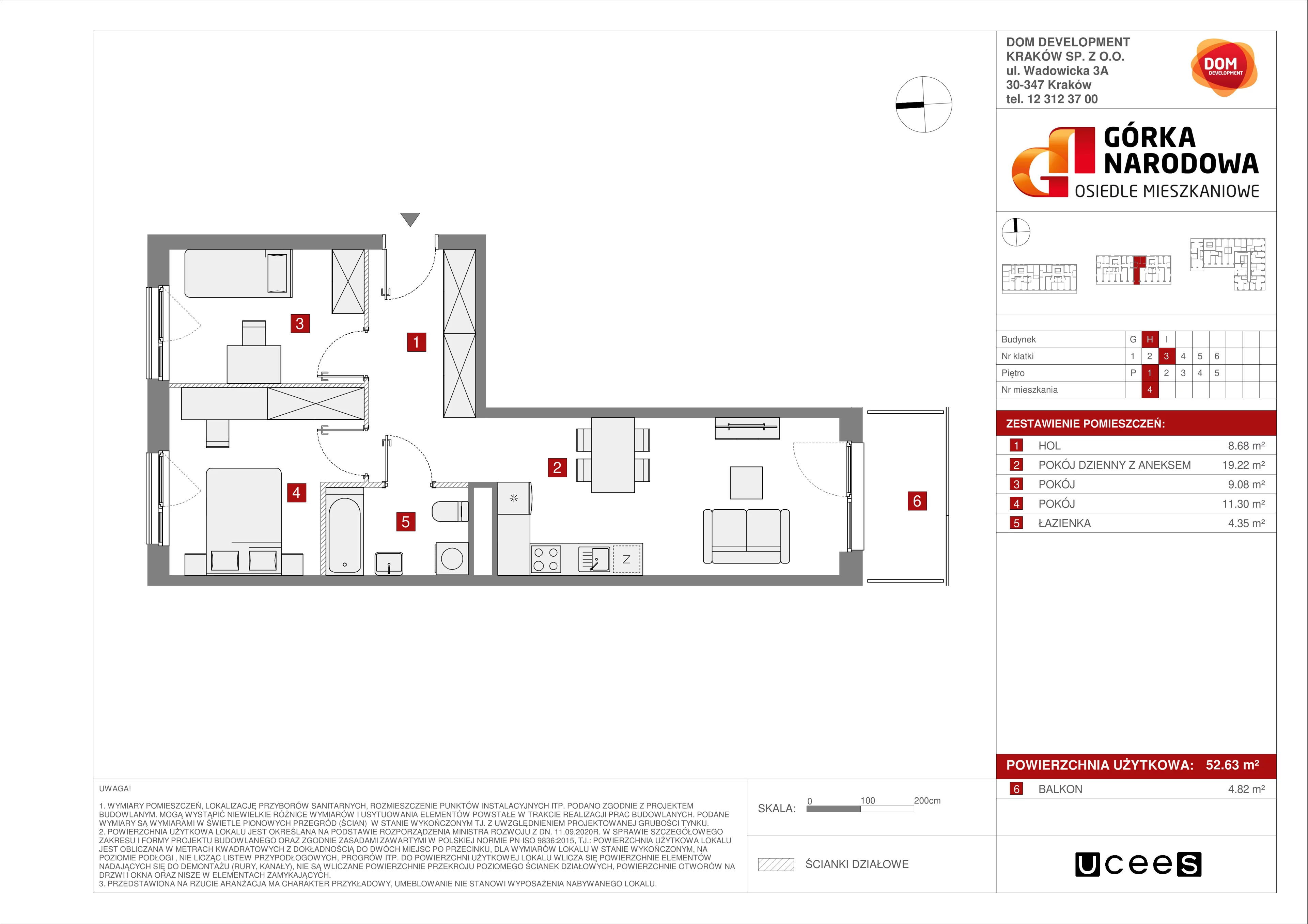 3 pokoje, mieszkanie 52,63 m², piętro 1, oferta nr H/4, Osiedle Górka Narodowa, Kraków, Prądnik Biały, Górka Narodowa, ul. Andrzeja Zauchy