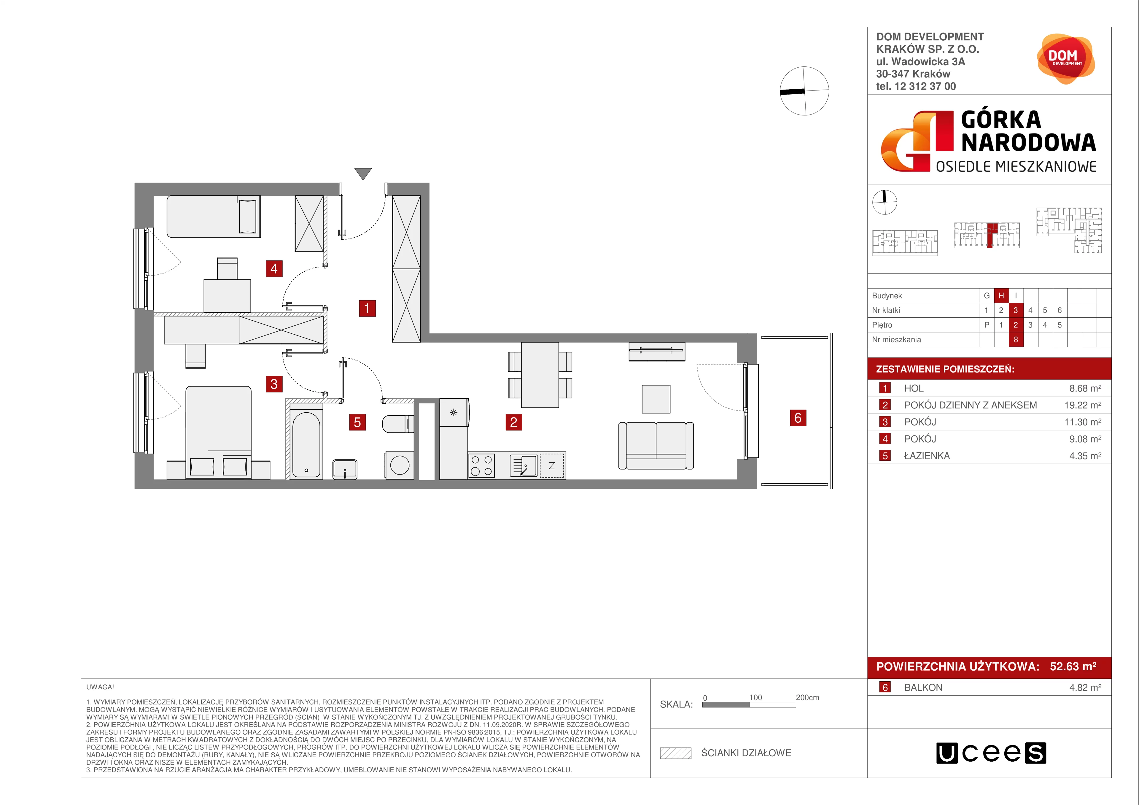 3 pokoje, mieszkanie 52,63 m², piętro 2, oferta nr H/8, Osiedle Górka Narodowa, Kraków, Prądnik Biały, Górka Narodowa, ul. Andrzeja Zauchy