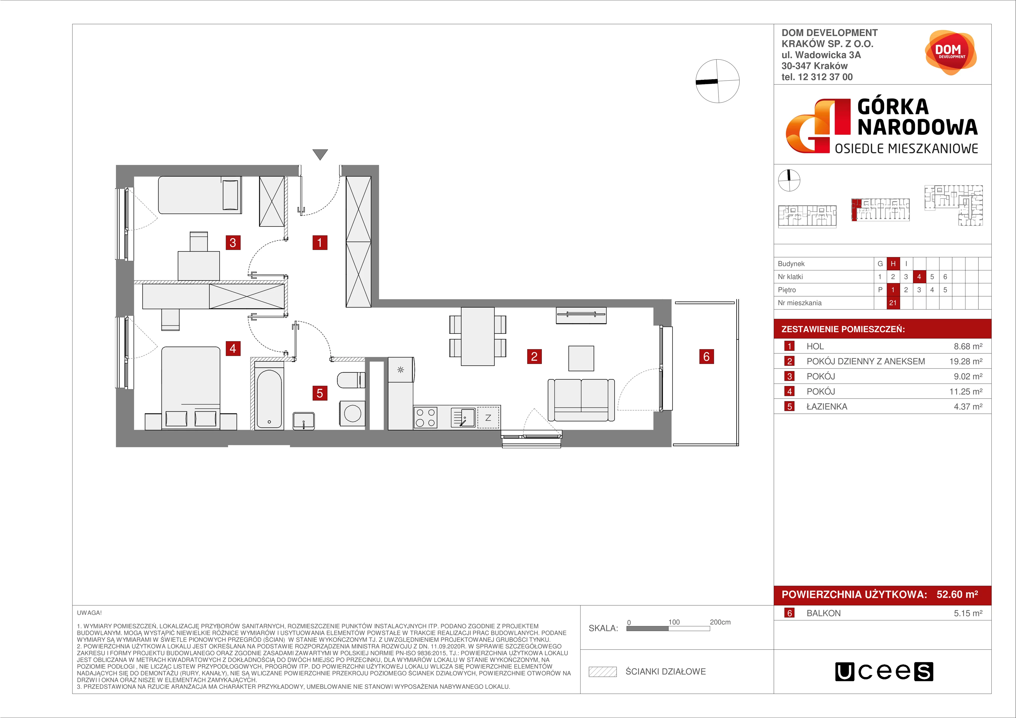 3 pokoje, mieszkanie 52,60 m², piętro 1, oferta nr H/21, Osiedle Górka Narodowa, Kraków, Prądnik Biały, Górka Narodowa, ul. Andrzeja Zauchy