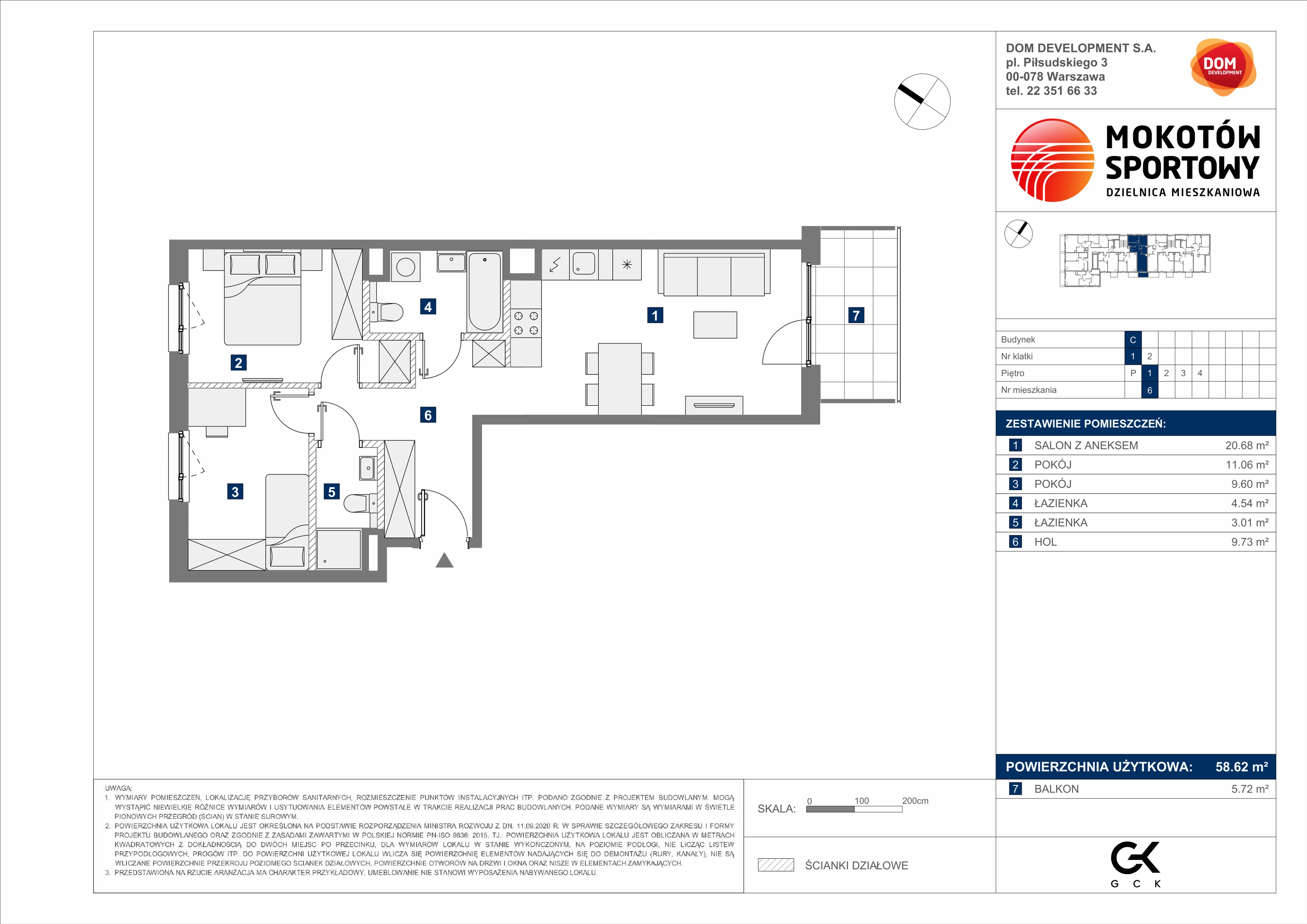 3 pokoje, mieszkanie 58,62 m², piętro 1, oferta nr C/6, Mokotów Sportowy 1 B, Warszawa, Mokotów, Augustówka, ul. Antoniewska