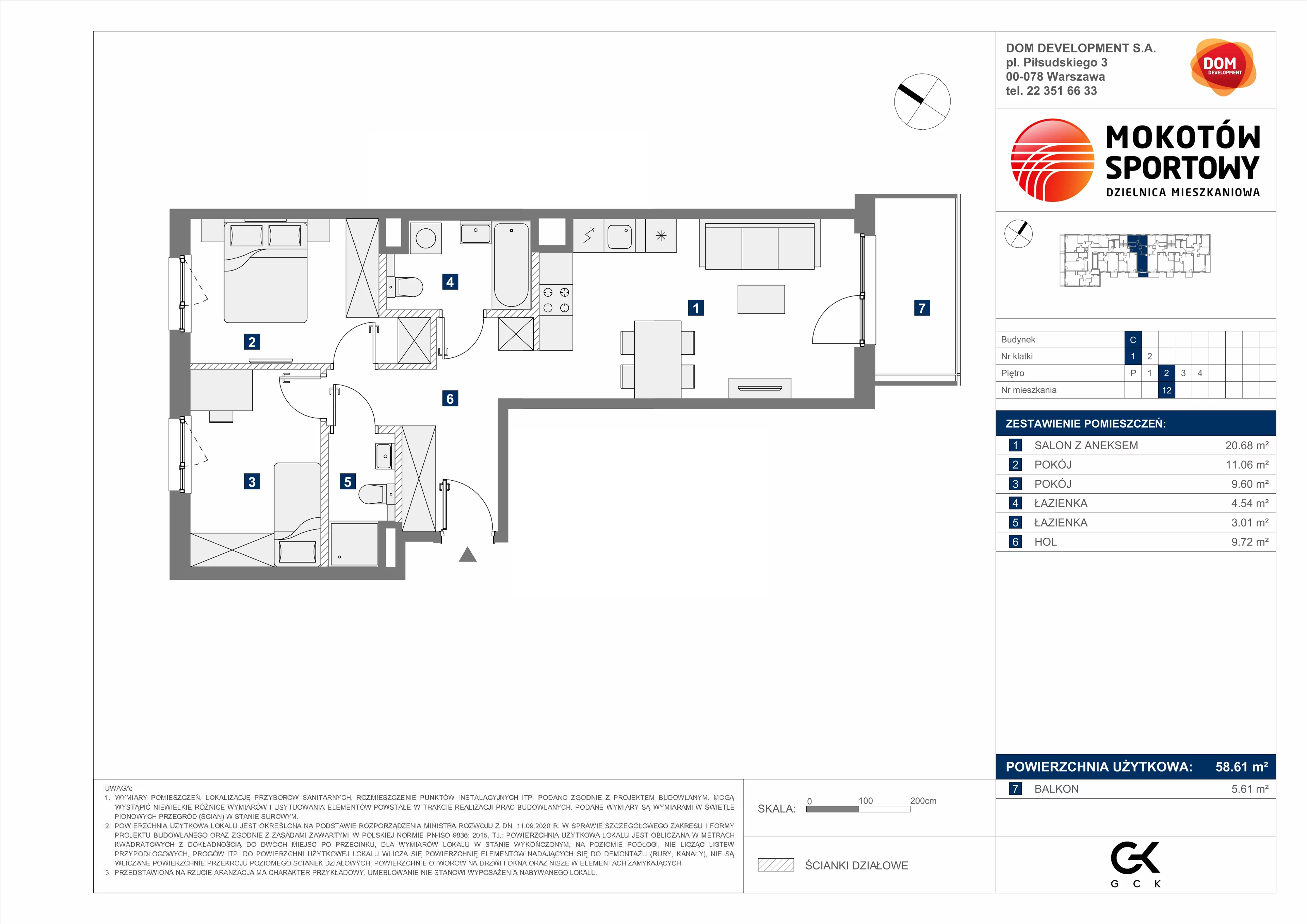 3 pokoje, mieszkanie 58,61 m², piętro 2, oferta nr C/12, Mokotów Sportowy 1 B, Warszawa, Mokotów, Augustówka, ul. Antoniewska