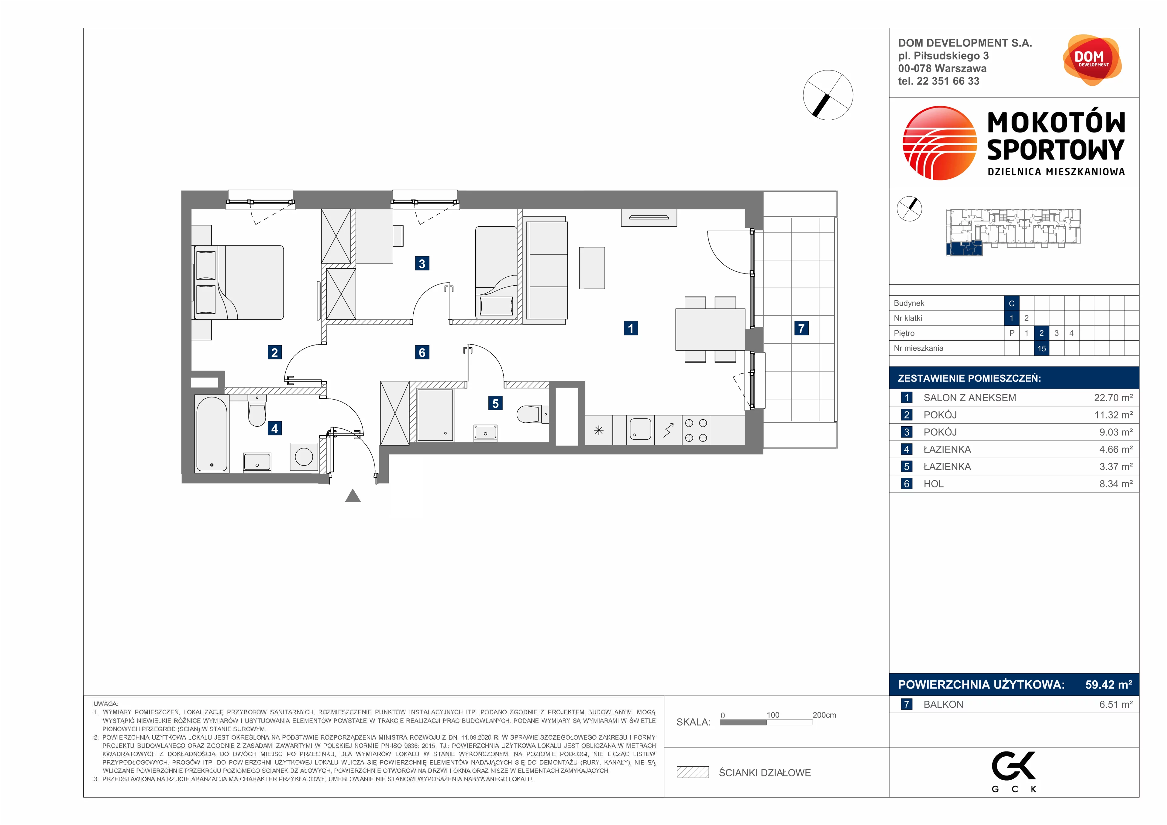3 pokoje, mieszkanie 59,42 m², piętro 2, oferta nr C/15, Mokotów Sportowy 1 B, Warszawa, Mokotów, Augustówka, ul. Antoniewska