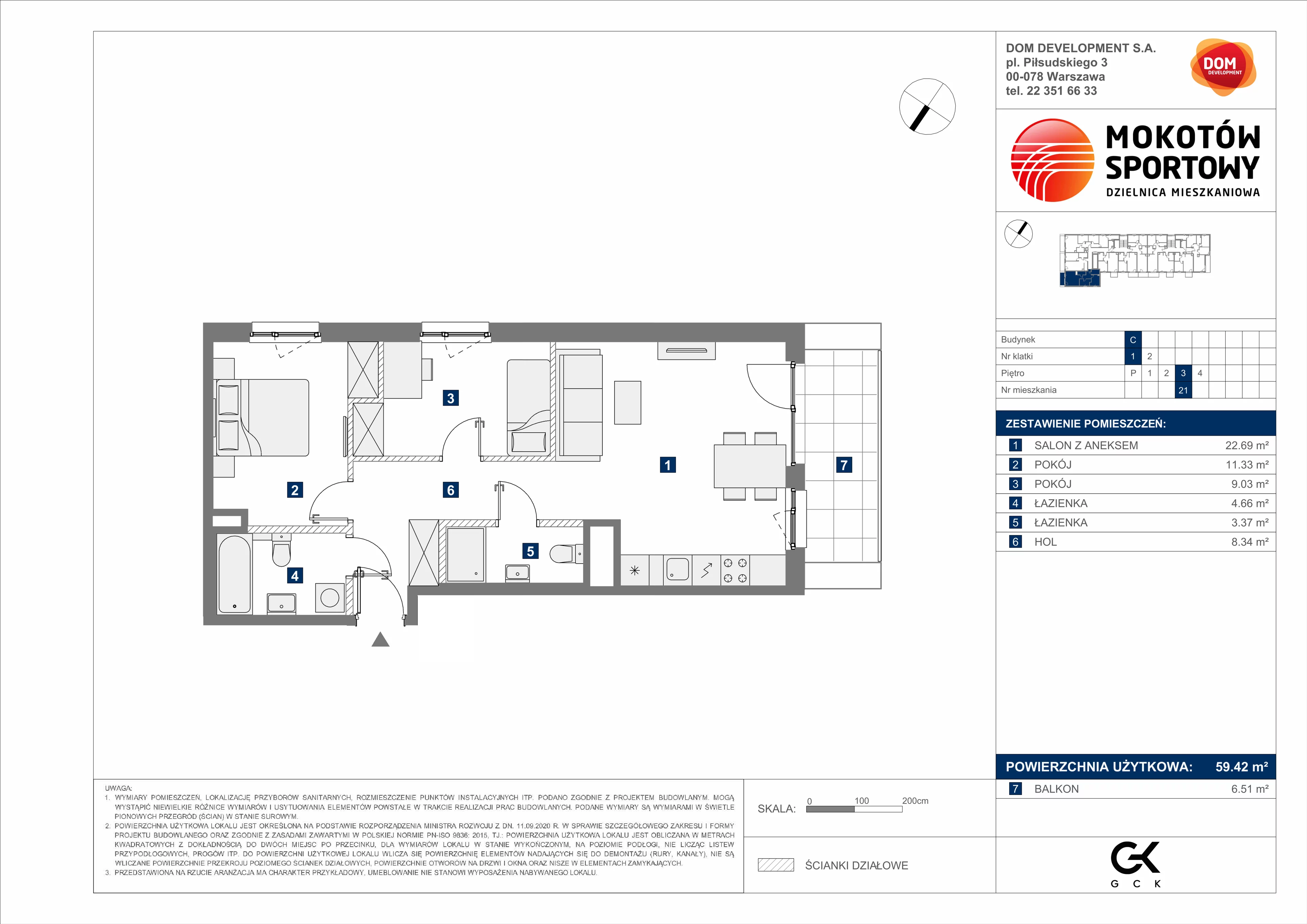 3 pokoje, mieszkanie 59,42 m², piętro 3, oferta nr C/21, Mokotów Sportowy 1 B, Warszawa, Mokotów, Augustówka, ul. Antoniewska
