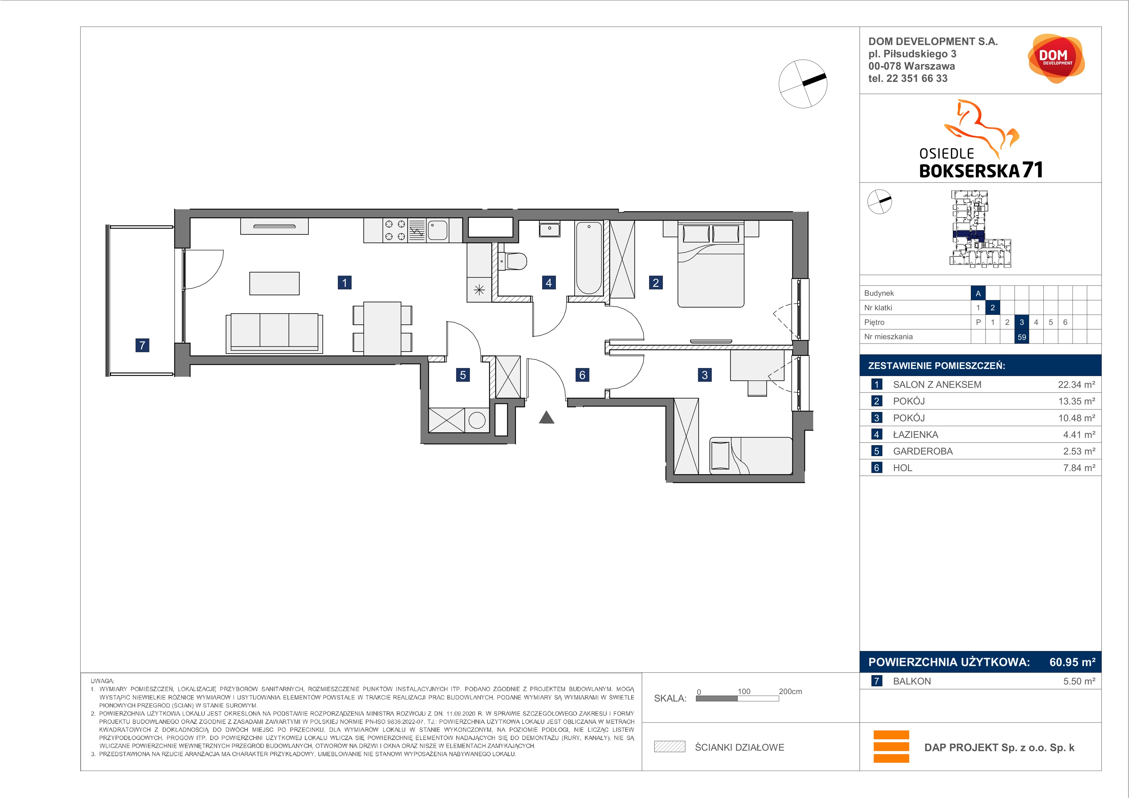 3 pokoje, mieszkanie 60,95 m², piętro 3, oferta nr A/59, Osiedle Bokserska 71, Warszawa, Ursynów, Wyczółki, ul. Bokserska 71