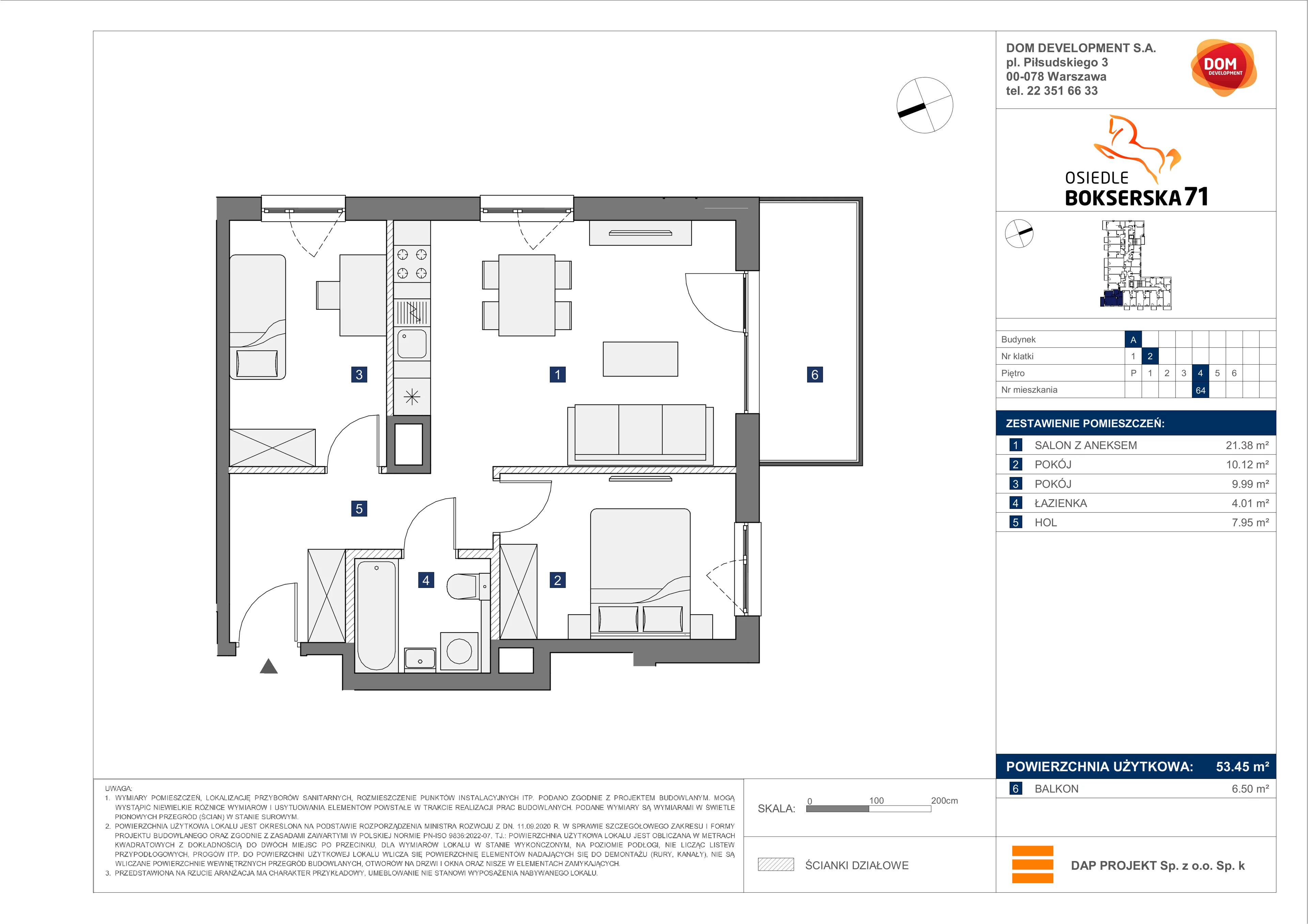 3 pokoje, mieszkanie 53,45 m², piętro 4, oferta nr A/64, Osiedle Bokserska 71, Warszawa, Ursynów, Wyczółki, ul. Bokserska 71