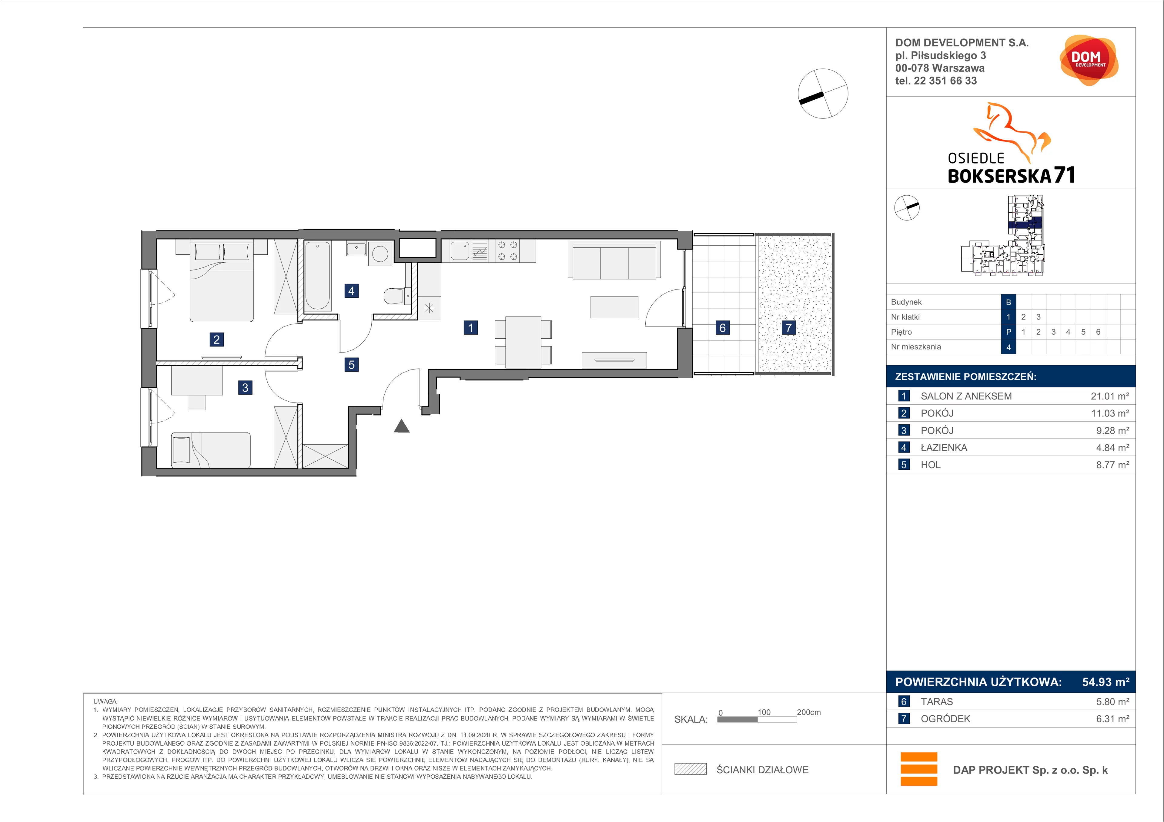 3 pokoje, mieszkanie 54,93 m², parter, oferta nr B/4, Bokserska 71 etap 2.2, Warszawa, Ursynów, Wyczółki, ul. Bokserska 71