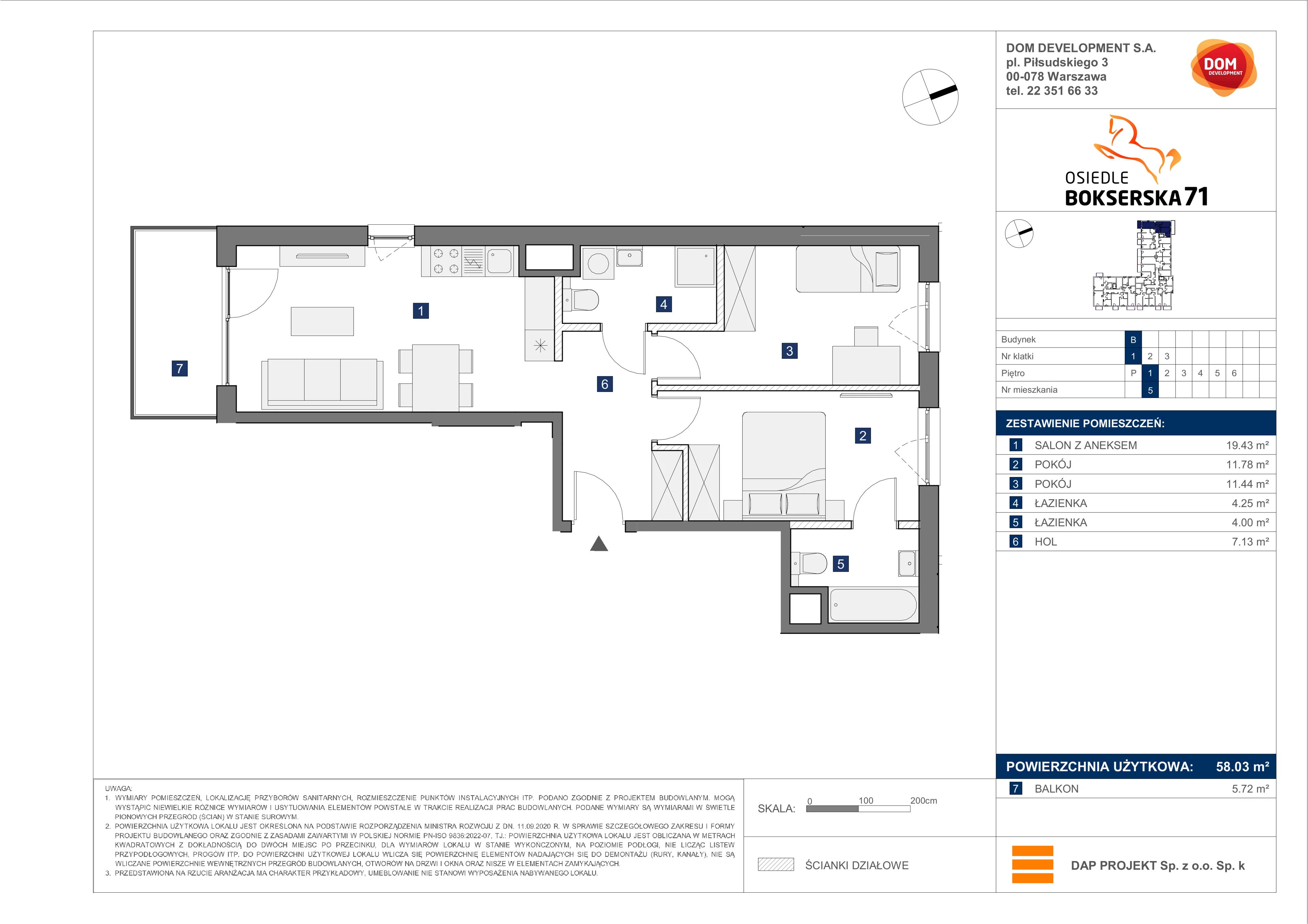 3 pokoje, mieszkanie 58,03 m², piętro 1, oferta nr B/5, Bokserska 71 etap 2.2, Warszawa, Ursynów, Wyczółki, ul. Bokserska 71