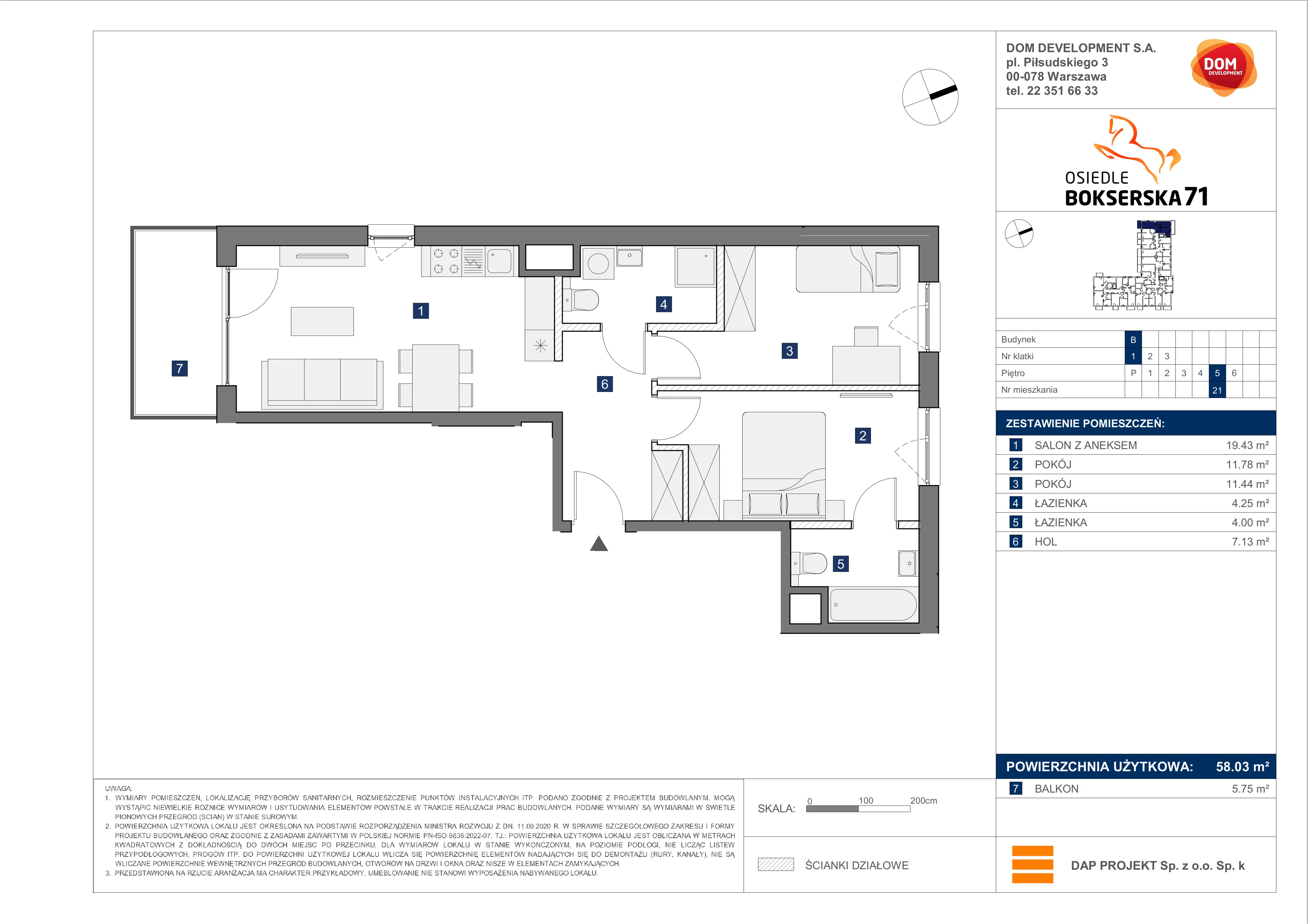 3 pokoje, mieszkanie 58,03 m², piętro 5, oferta nr B/21, Bokserska 71 etap 2.2, Warszawa, Ursynów, Wyczółki, ul. Bokserska 71