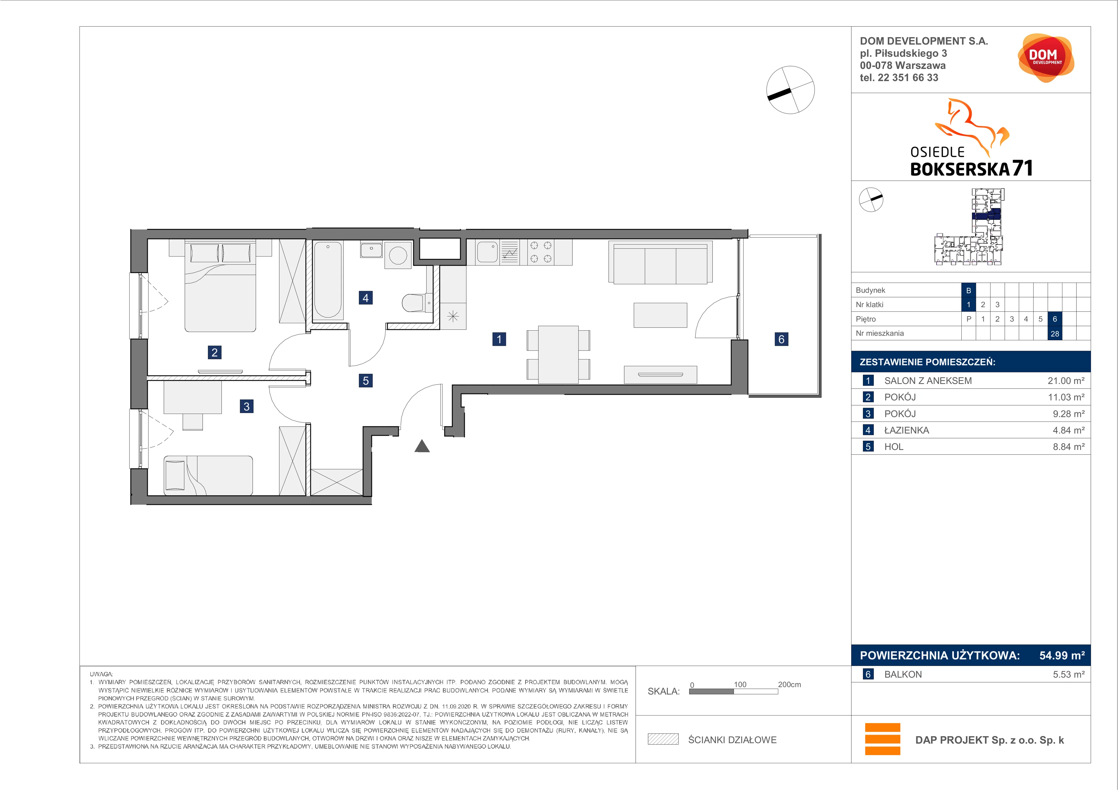 3 pokoje, mieszkanie 54,99 m², piętro 6, oferta nr B/28, Bokserska 71 etap 2.2, Warszawa, Ursynów, Wyczółki, ul. Bokserska 71