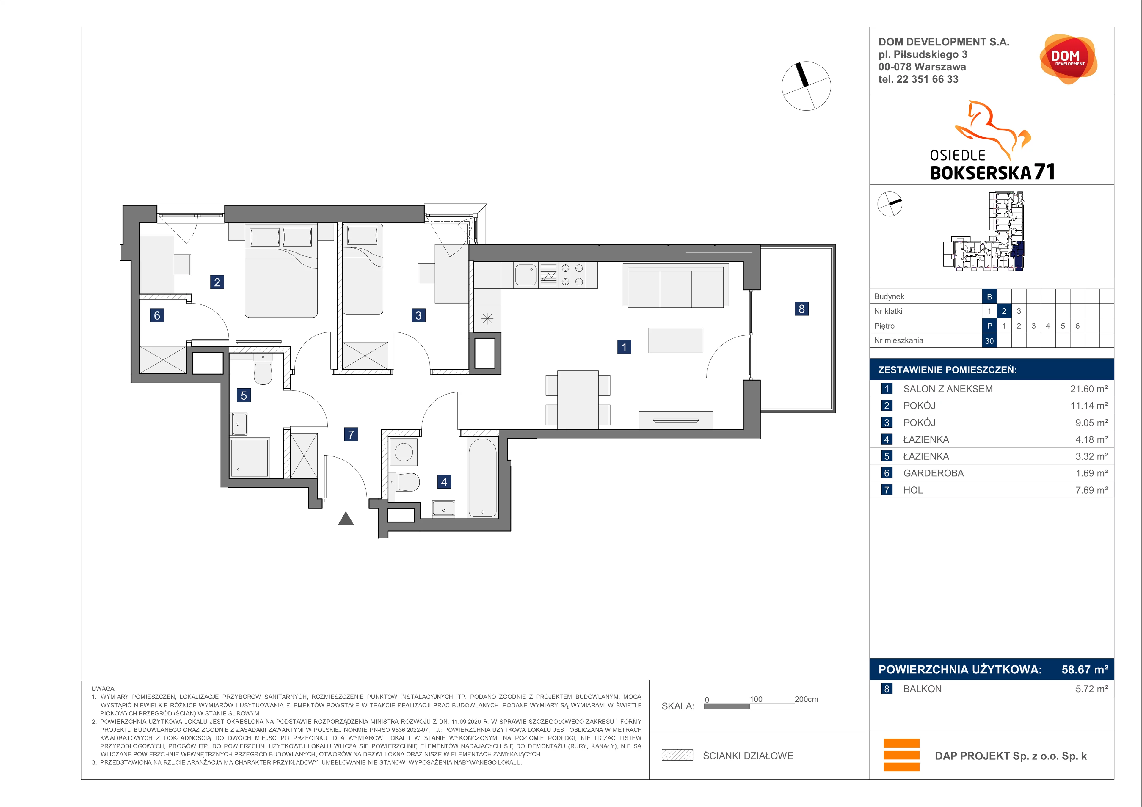 3 pokoje, mieszkanie 58,67 m², parter, oferta nr B/30, Bokserska 71 etap 2.2, Warszawa, Ursynów, Wyczółki, ul. Bokserska 71