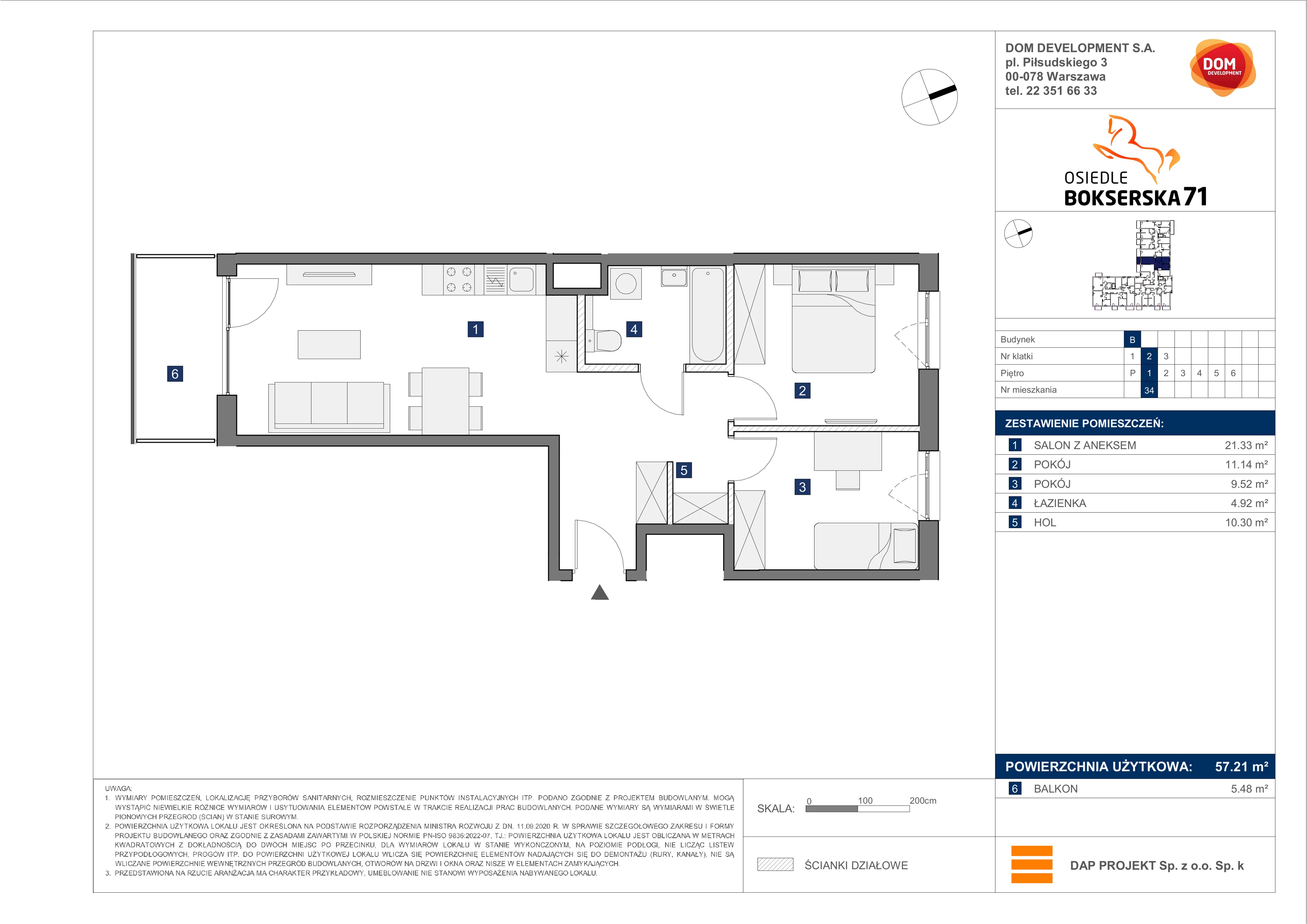 3 pokoje, mieszkanie 57,21 m², piętro 1, oferta nr B/34, Bokserska 71 etap 2.2, Warszawa, Ursynów, Wyczółki, ul. Bokserska 71