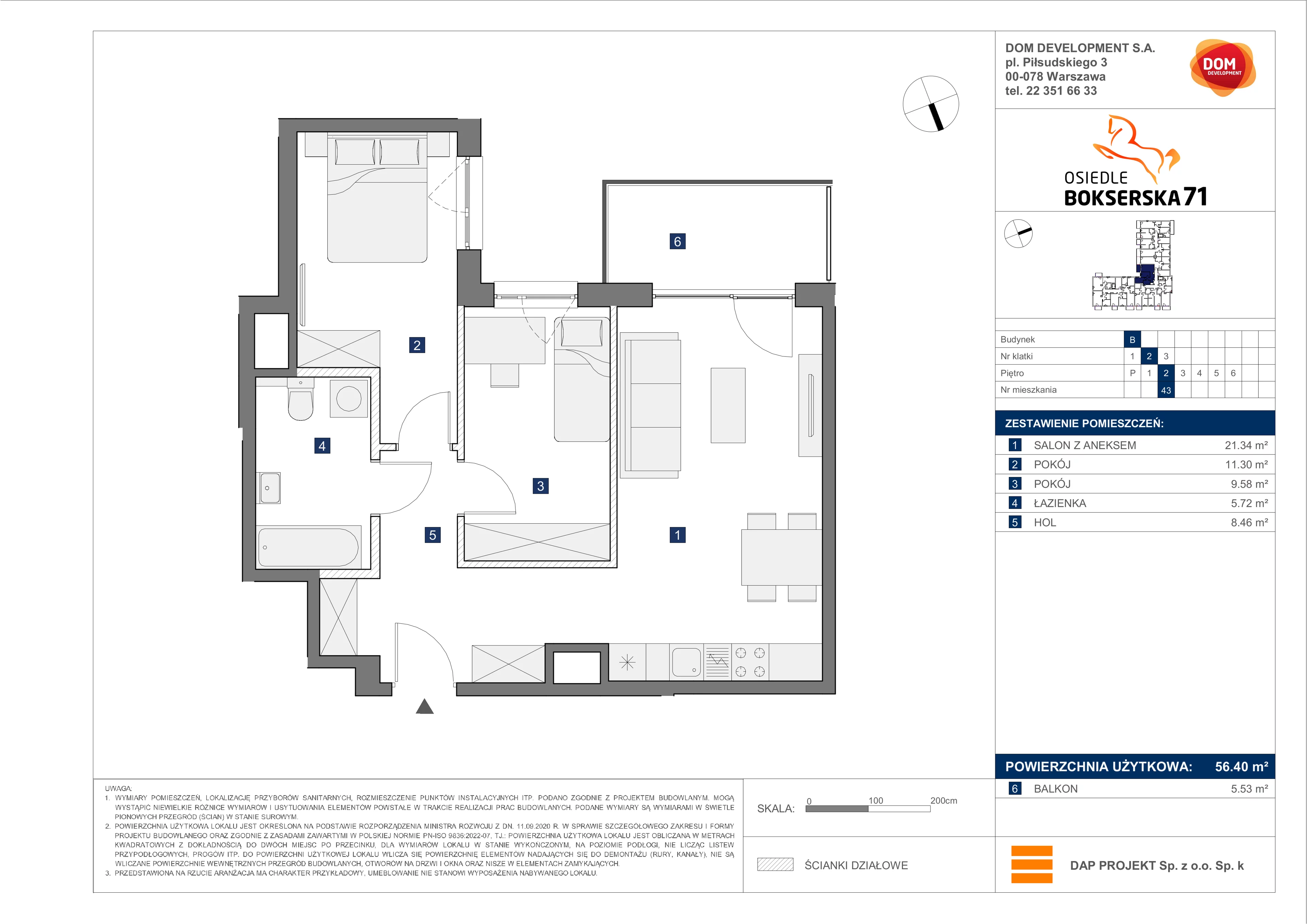 3 pokoje, mieszkanie 56,40 m², piętro 2, oferta nr B/43, Bokserska 71 etap 2.2, Warszawa, Ursynów, Wyczółki, ul. Bokserska 71