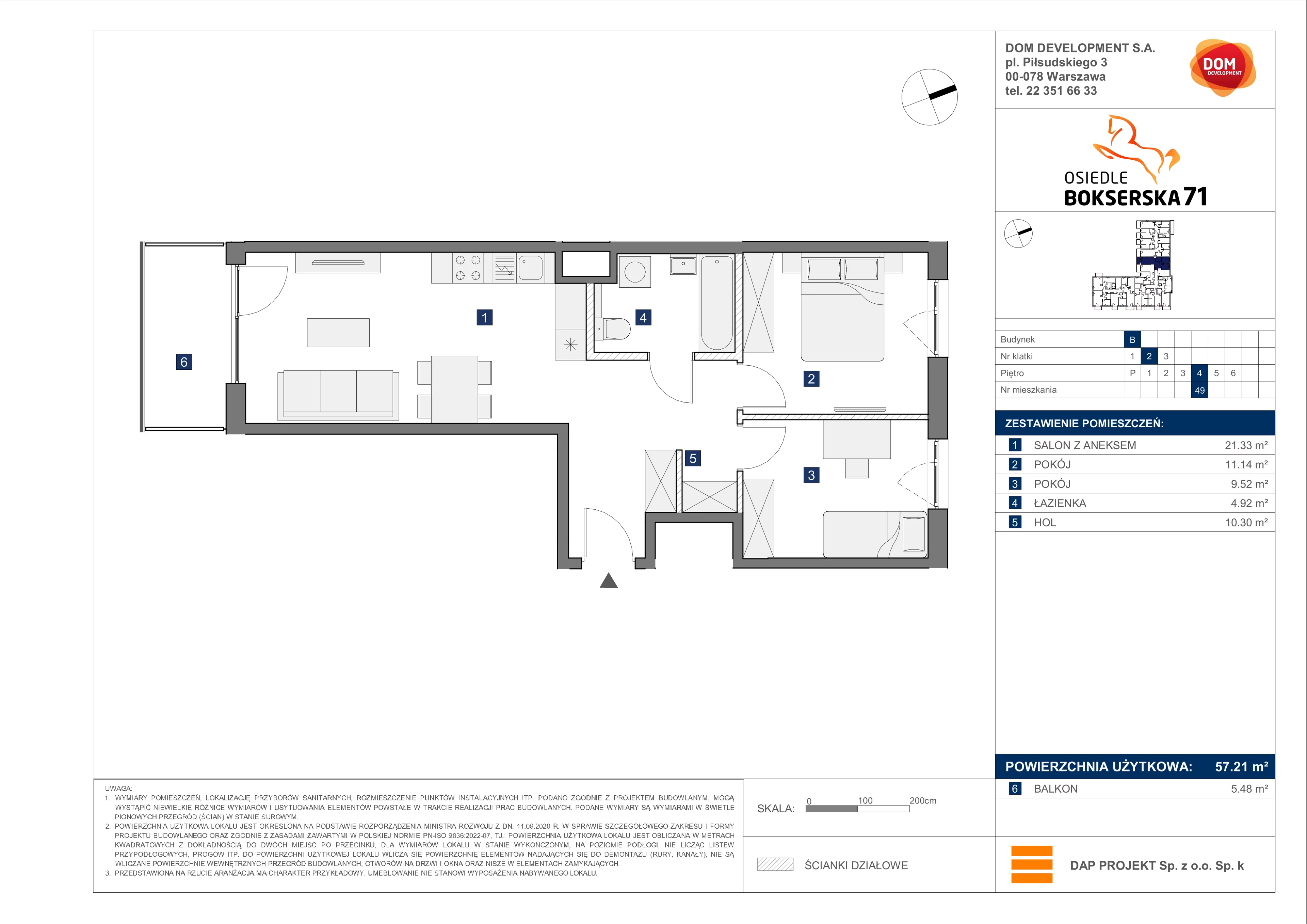 3 pokoje, mieszkanie 57,21 m², piętro 4, oferta nr B/49, Bokserska 71 etap 2.2, Warszawa, Ursynów, Wyczółki, ul. Bokserska 71