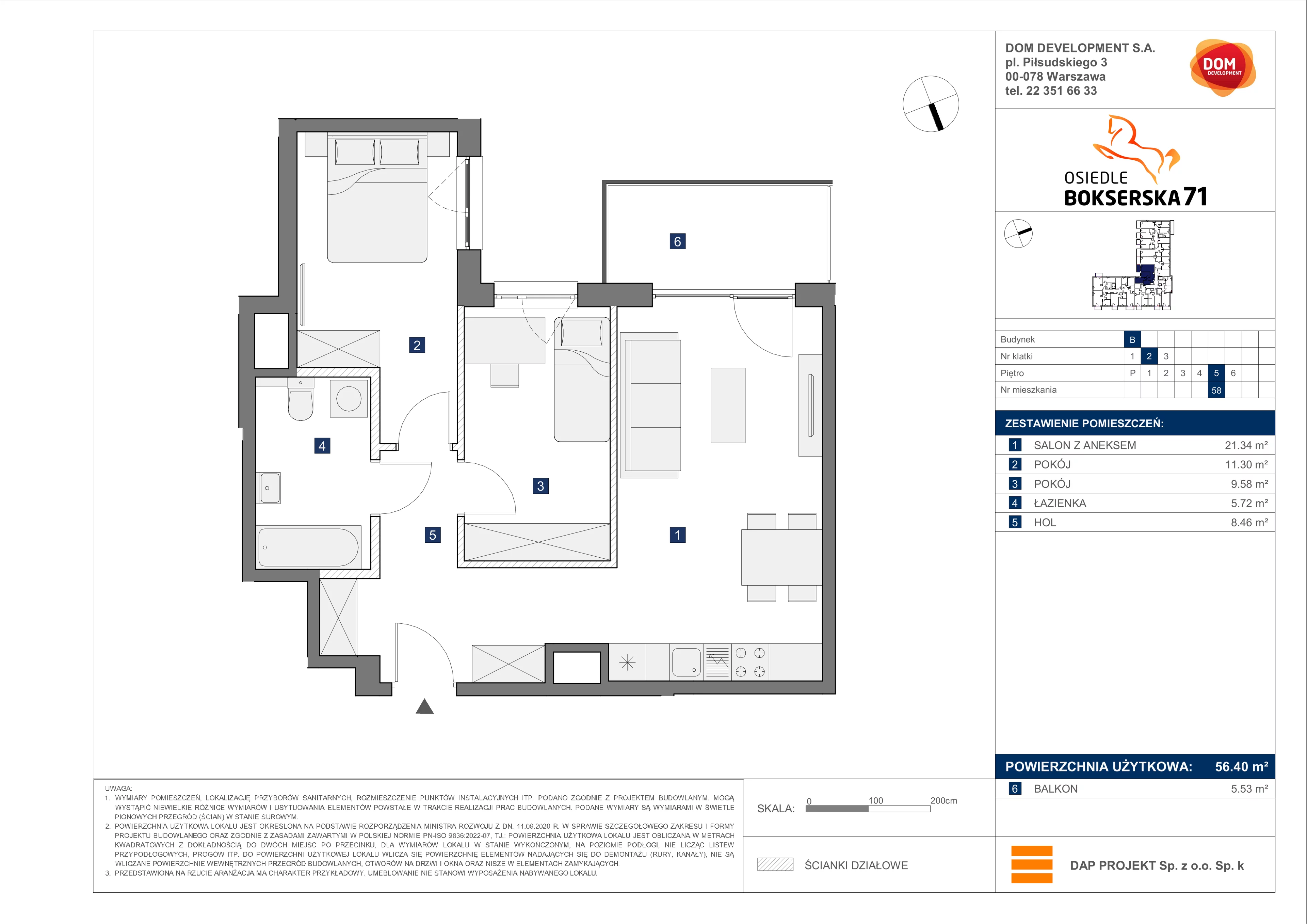 3 pokoje, mieszkanie 56,40 m², piętro 5, oferta nr B/58, Bokserska 71 etap 2.2, Warszawa, Ursynów, Wyczółki, ul. Bokserska 71