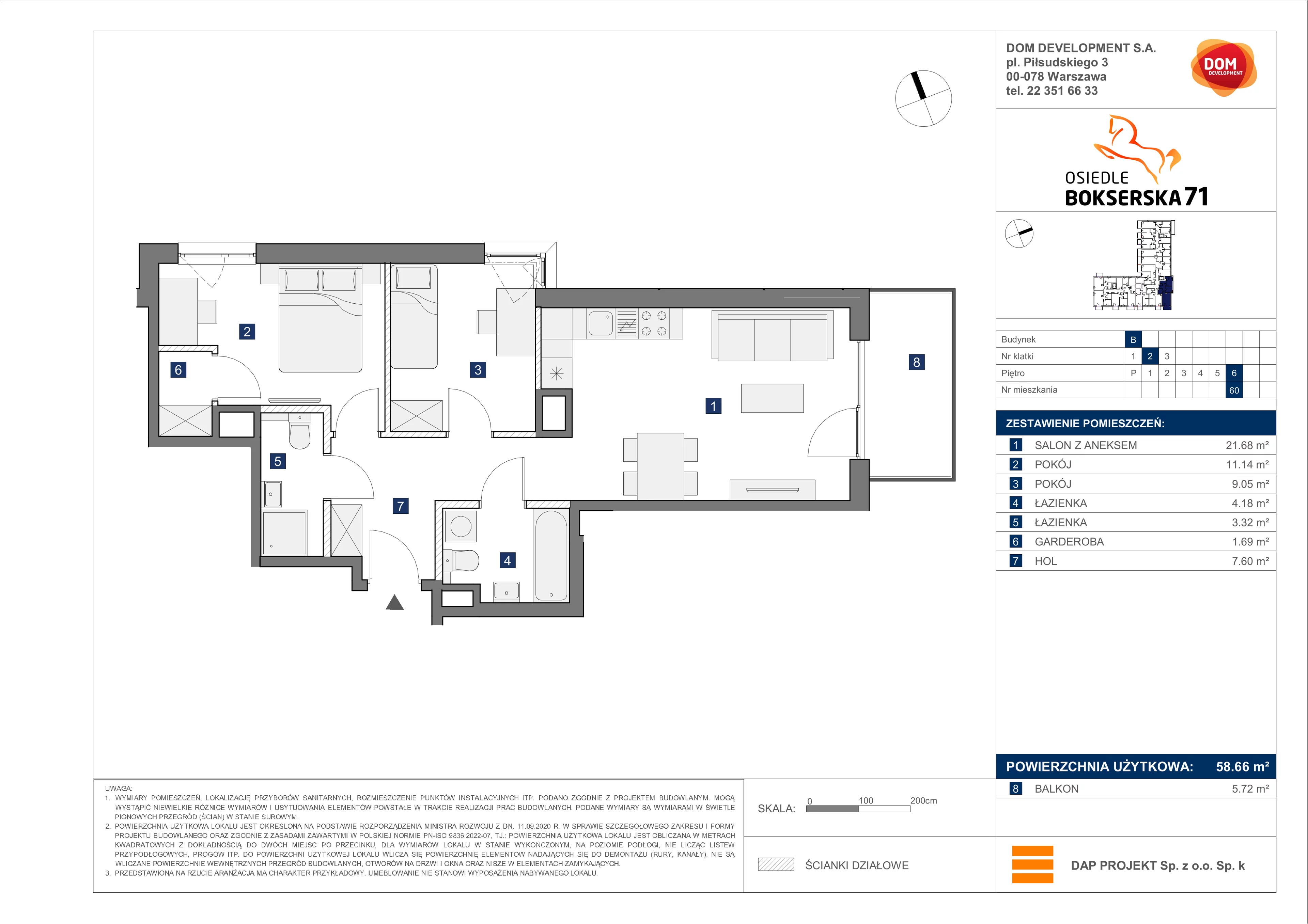 3 pokoje, mieszkanie 58,66 m², piętro 6, oferta nr B/60, Bokserska 71 etap 2.2, Warszawa, Ursynów, Wyczółki, ul. Bokserska 71