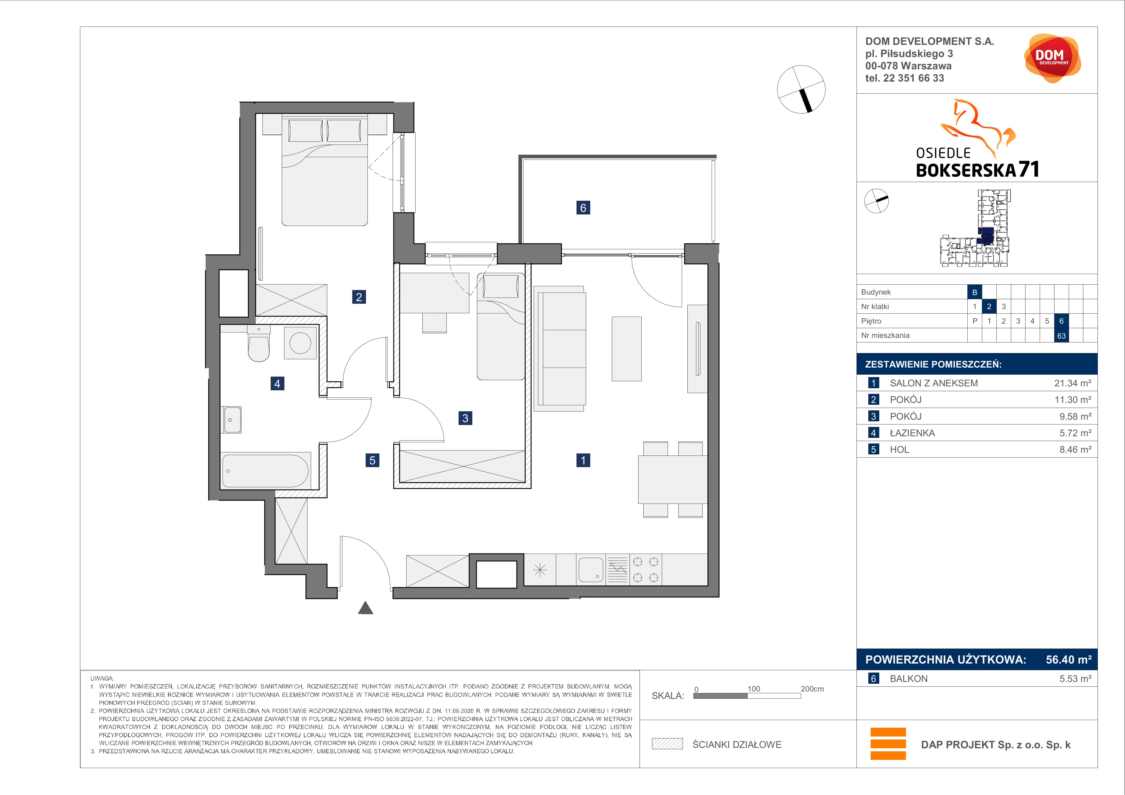 3 pokoje, mieszkanie 56,40 m², piętro 6, oferta nr B/63, Bokserska 71 etap 2.2, Warszawa, Ursynów, Wyczółki, ul. Bokserska 71
