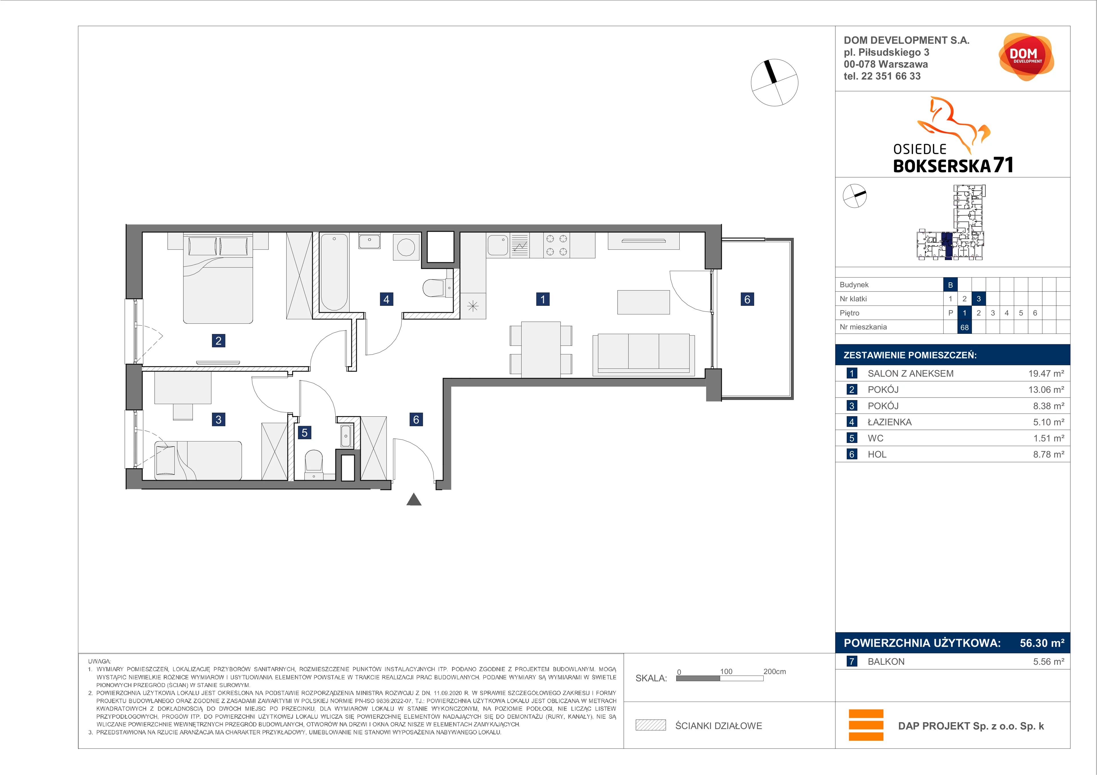 3 pokoje, mieszkanie 56,30 m², piętro 1, oferta nr B/68, Bokserska 71 etap 2.2, Warszawa, Ursynów, Wyczółki, ul. Bokserska 71