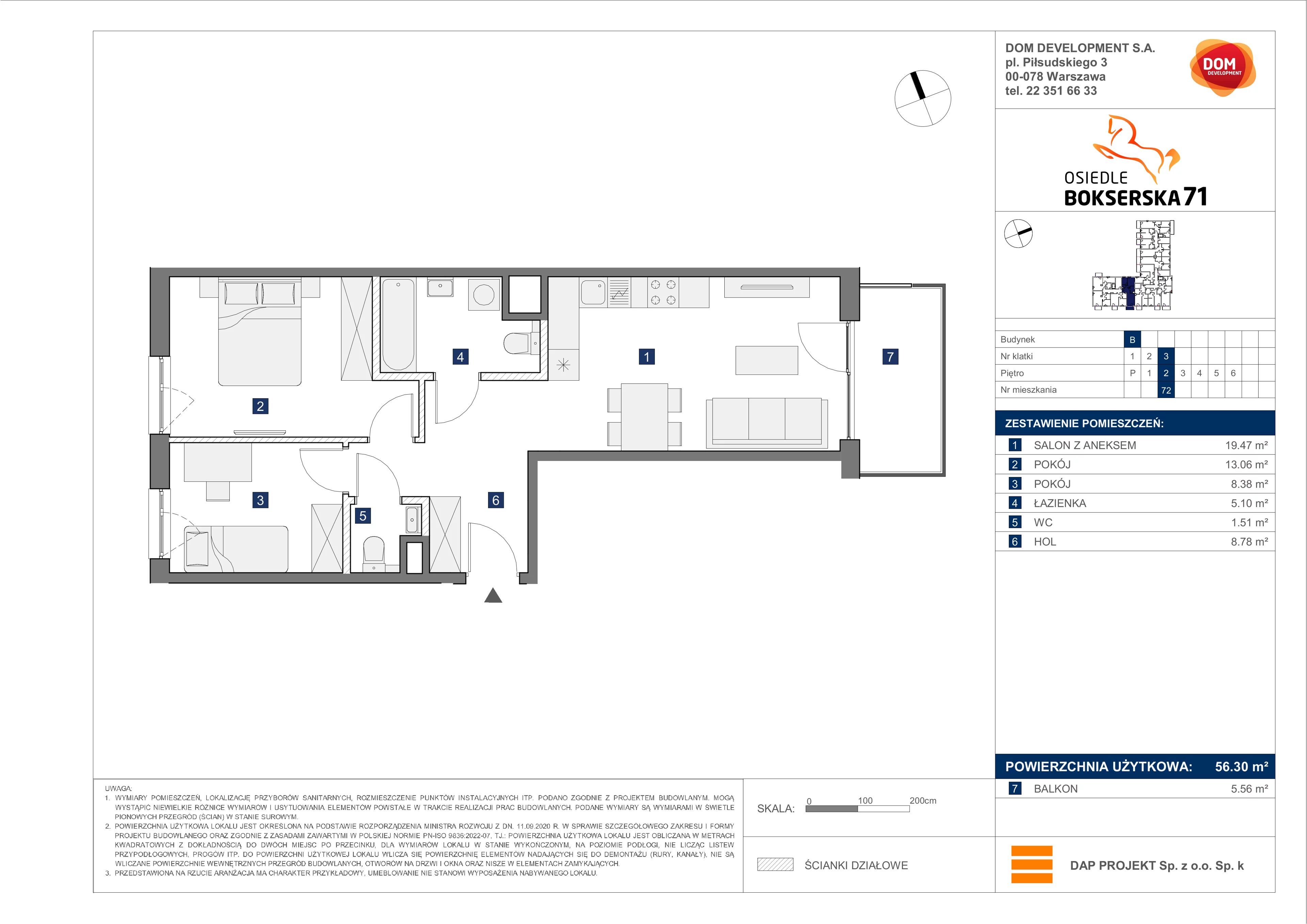 3 pokoje, mieszkanie 56,30 m², piętro 2, oferta nr B/72, Bokserska 71 etap 2.2, Warszawa, Ursynów, Wyczółki, ul. Bokserska 71