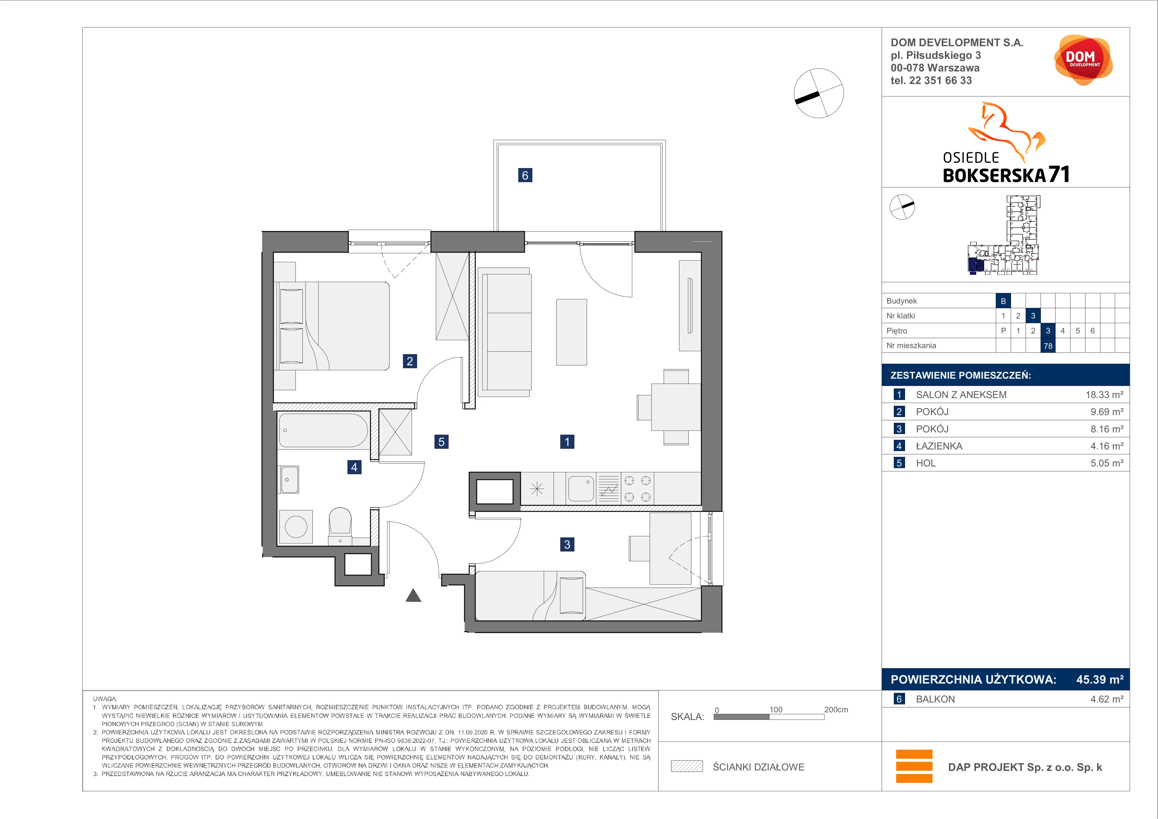 3 pokoje, mieszkanie 45,39 m², piętro 3, oferta nr B/78, Bokserska 71 etap 2.2, Warszawa, Ursynów, Wyczółki, ul. Bokserska 71