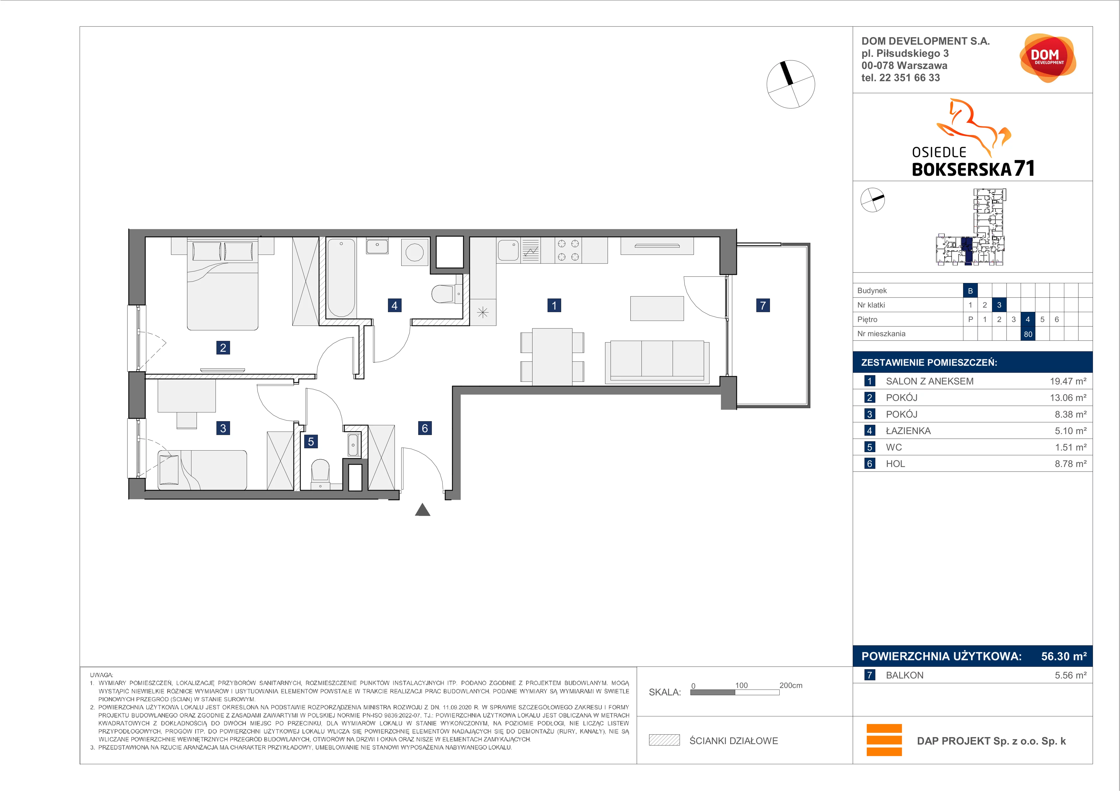 3 pokoje, mieszkanie 56,30 m², piętro 4, oferta nr B/80, Bokserska 71 etap 2.2, Warszawa, Ursynów, Wyczółki, ul. Bokserska 71