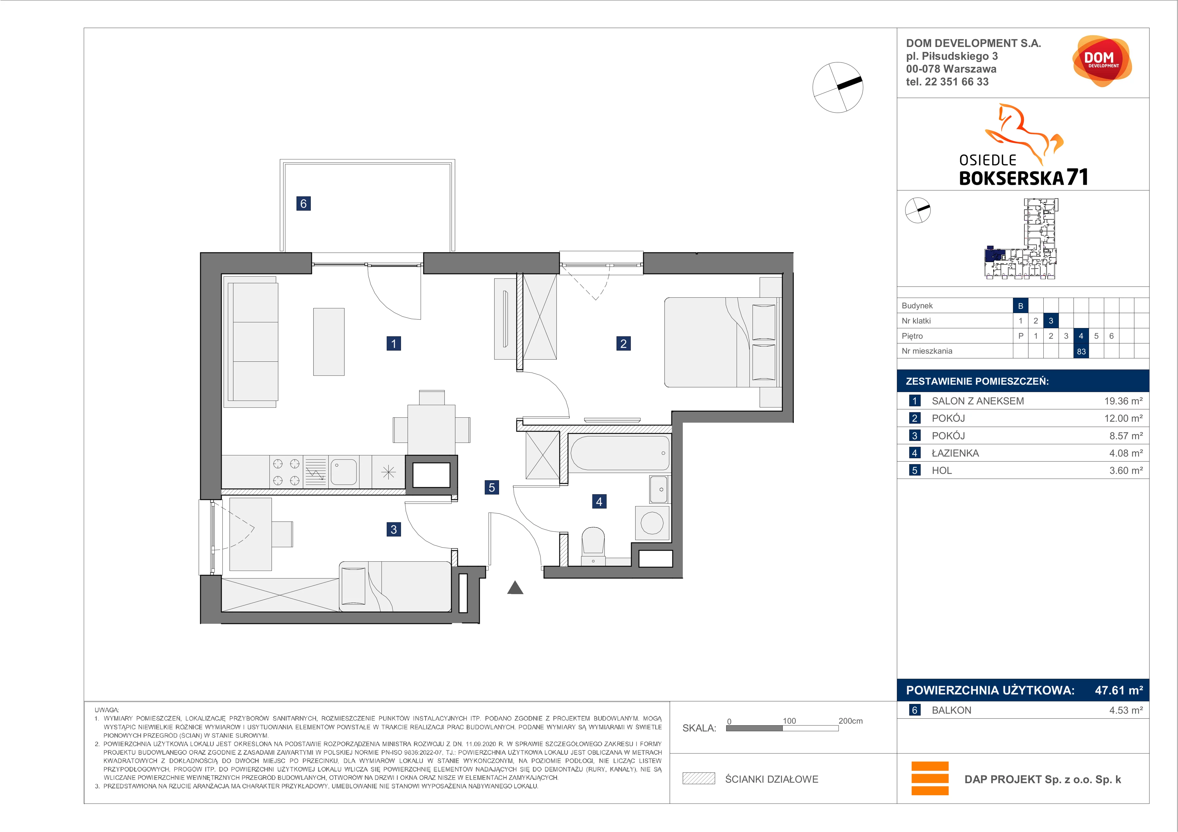 3 pokoje, mieszkanie 47,61 m², piętro 4, oferta nr B/83, Bokserska 71 etap 2.2, Warszawa, Ursynów, Wyczółki, ul. Bokserska 71