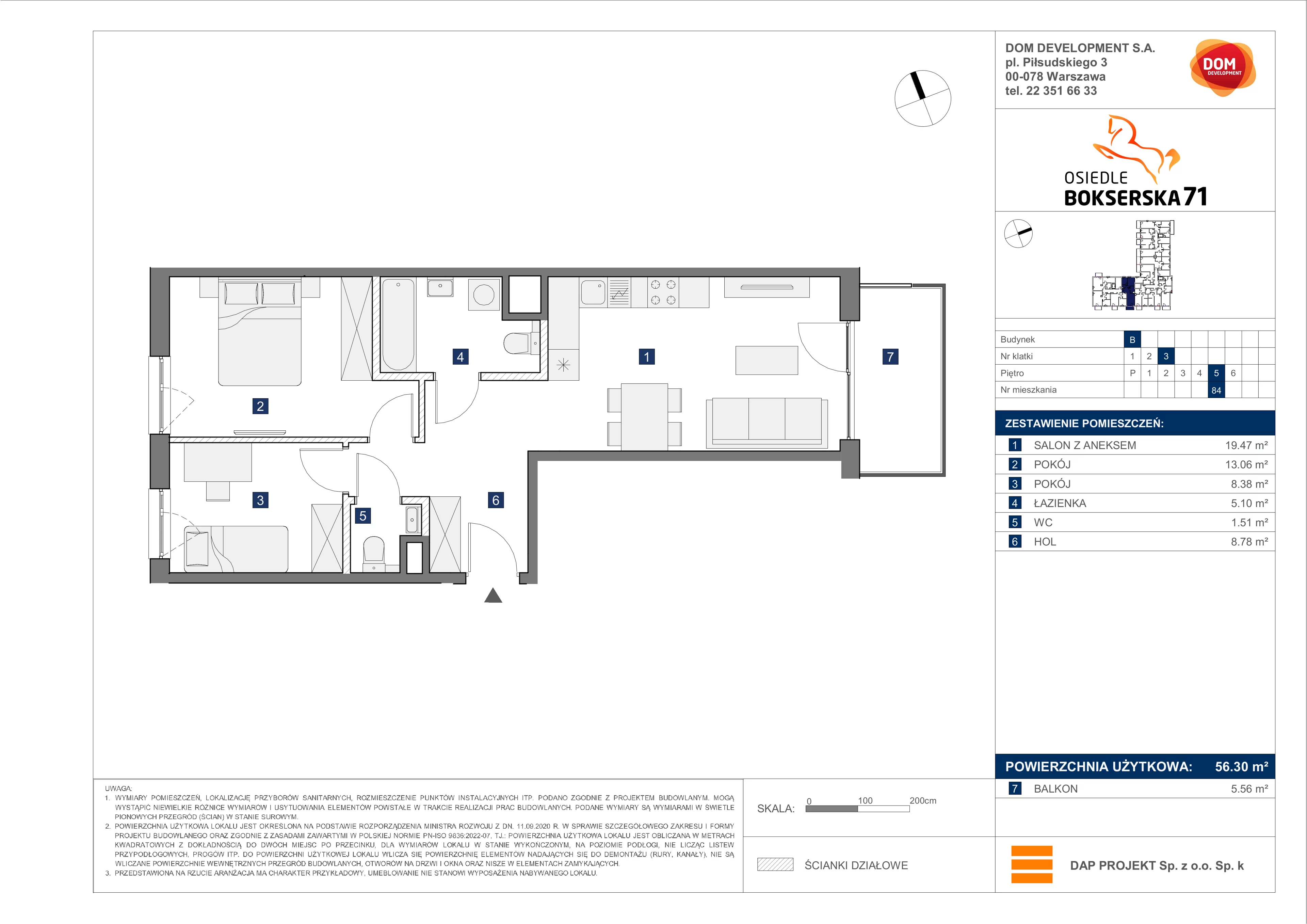 3 pokoje, mieszkanie 56,30 m², piętro 5, oferta nr B/84, Bokserska 71 etap 2.2, Warszawa, Ursynów, Wyczółki, ul. Bokserska 71