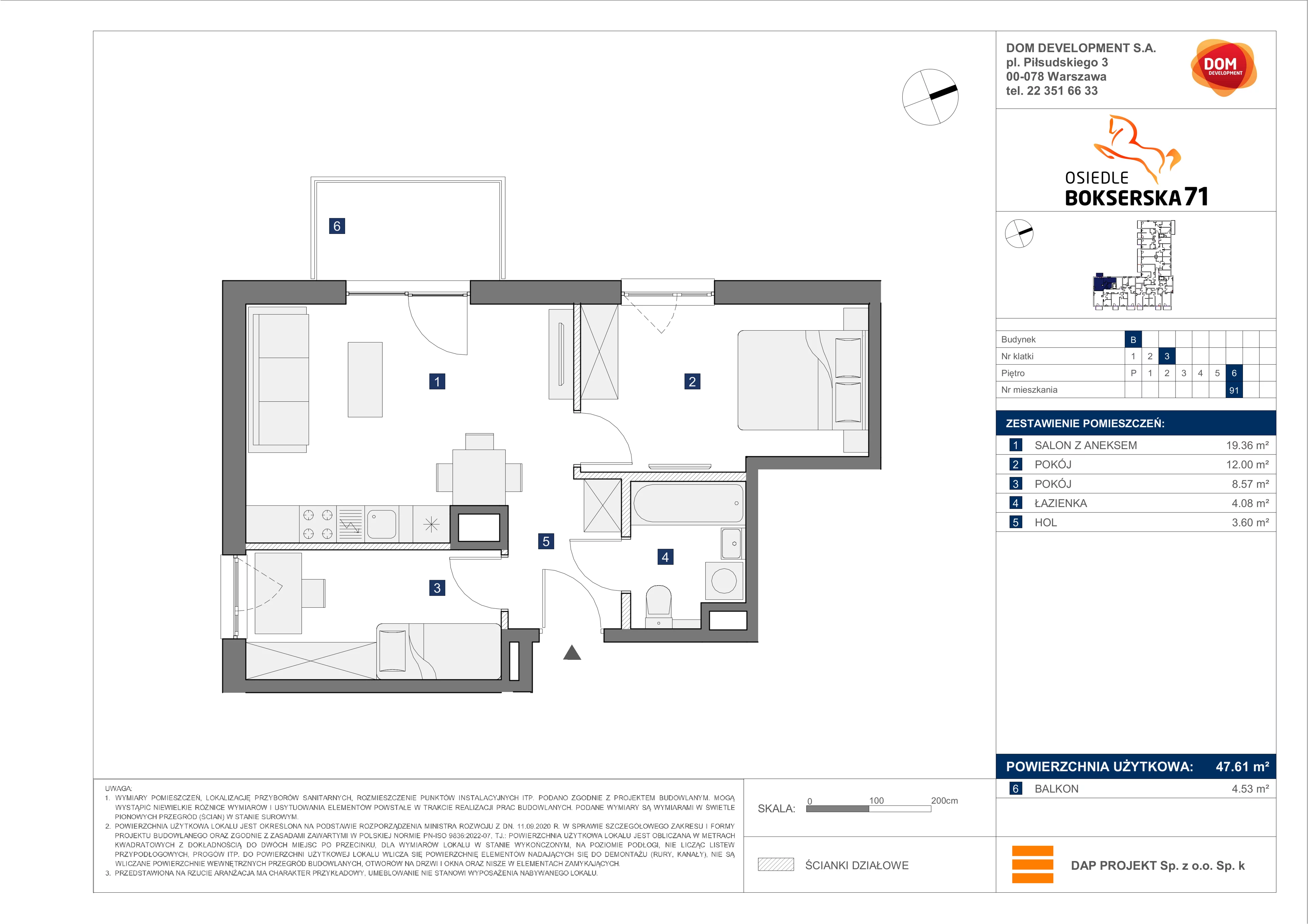 3 pokoje, mieszkanie 47,61 m², piętro 6, oferta nr B/91, Bokserska 71 etap 2.2, Warszawa, Ursynów, Wyczółki, ul. Bokserska 71
