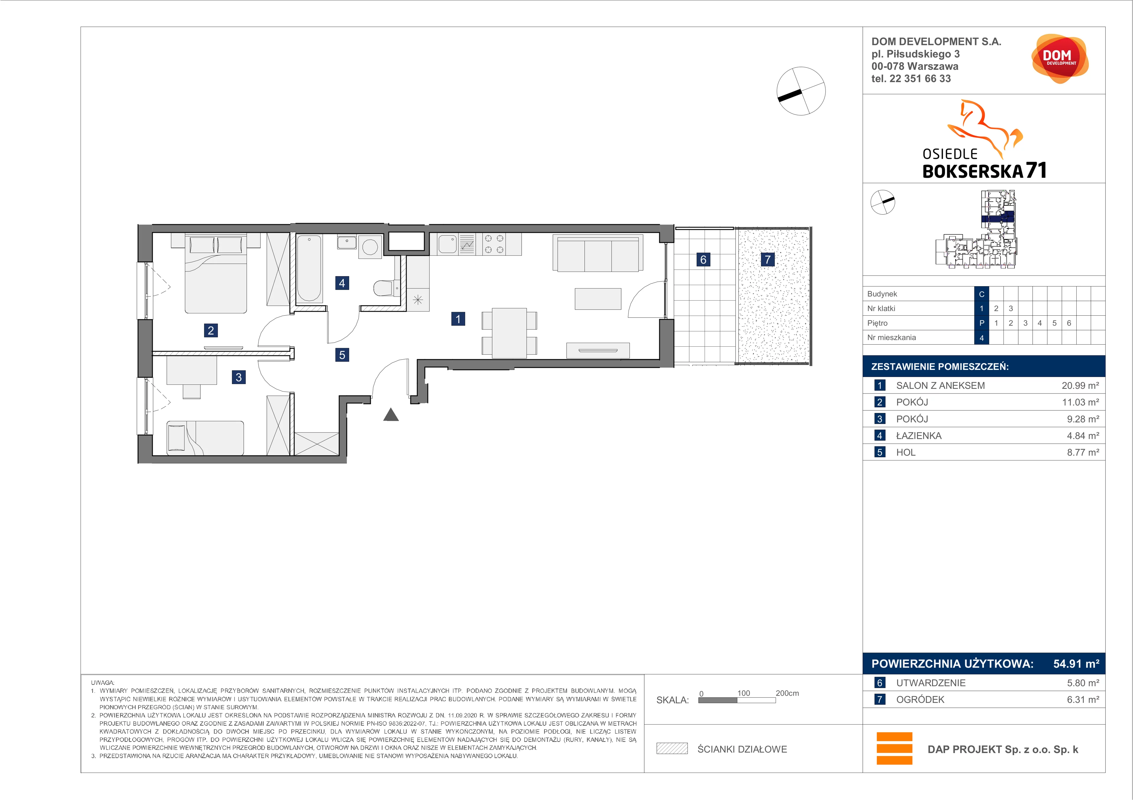 3 pokoje, mieszkanie 54,91 m², parter, oferta nr C/4, Bokserska 71 etap 2.2, Warszawa, Ursynów, Wyczółki, ul. Bokserska 71