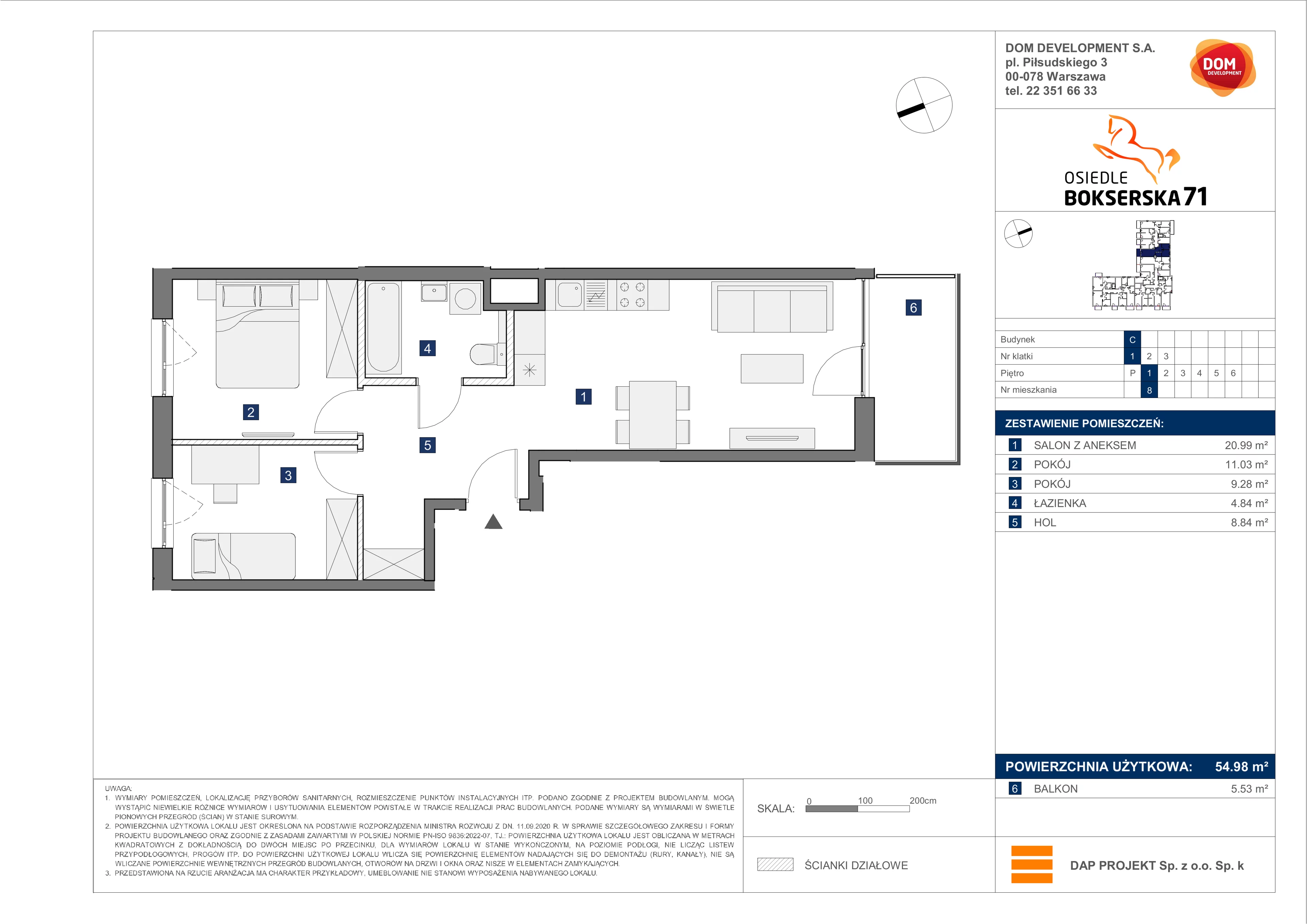 3 pokoje, mieszkanie 54,98 m², piętro 1, oferta nr C/8, Bokserska 71 etap 2.2, Warszawa, Ursynów, Wyczółki, ul. Bokserska 71