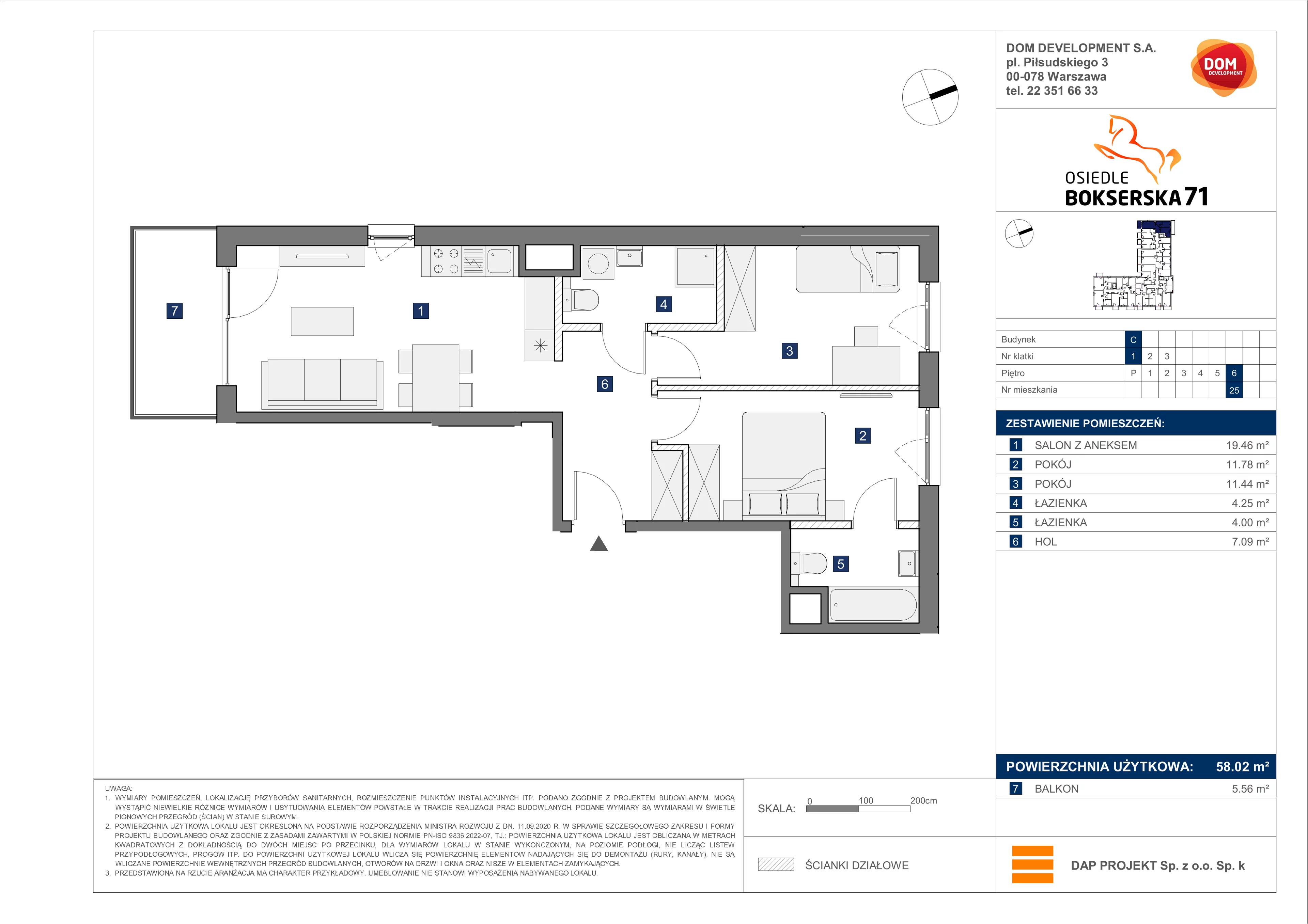 3 pokoje, mieszkanie 58,02 m², piętro 6, oferta nr C/25, Bokserska 71 etap 2.2, Warszawa, Ursynów, Wyczółki, ul. Bokserska 71