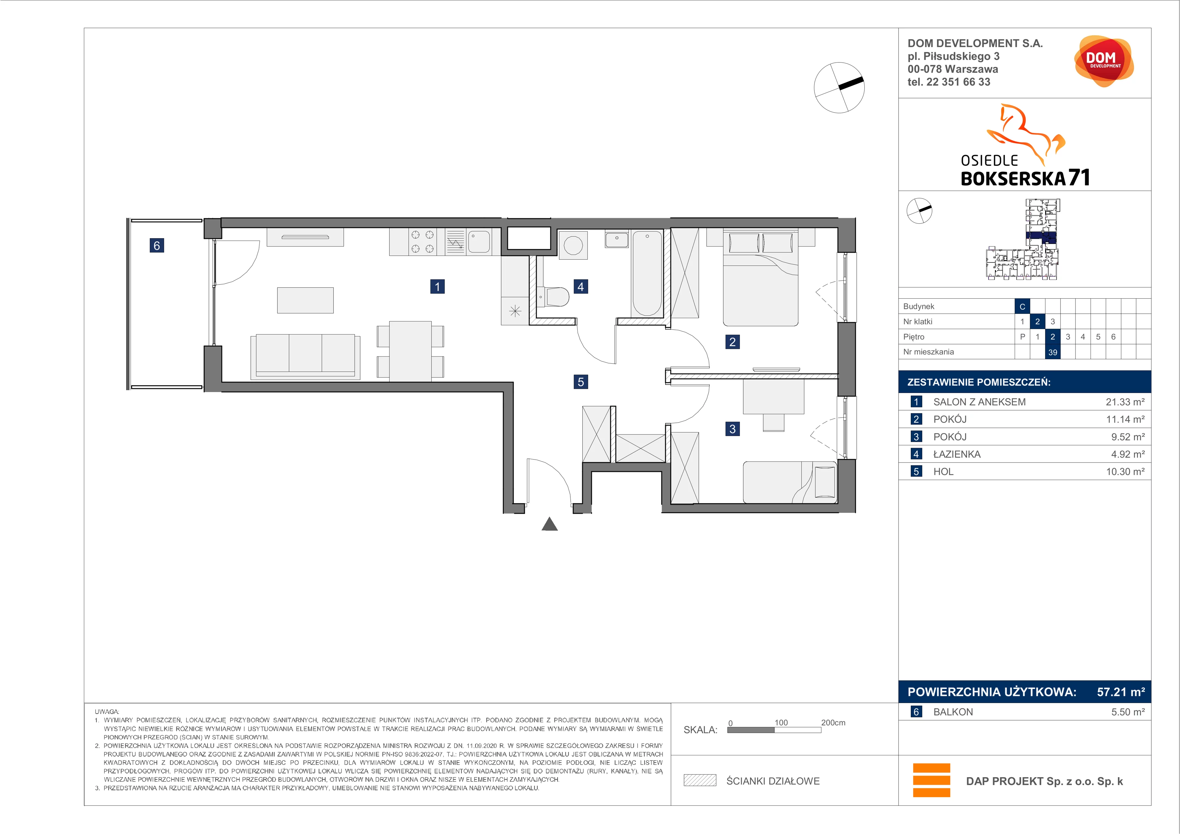 3 pokoje, mieszkanie 57,21 m², piętro 2, oferta nr C/39, Bokserska 71 etap 2.2, Warszawa, Ursynów, Wyczółki, ul. Bokserska 71