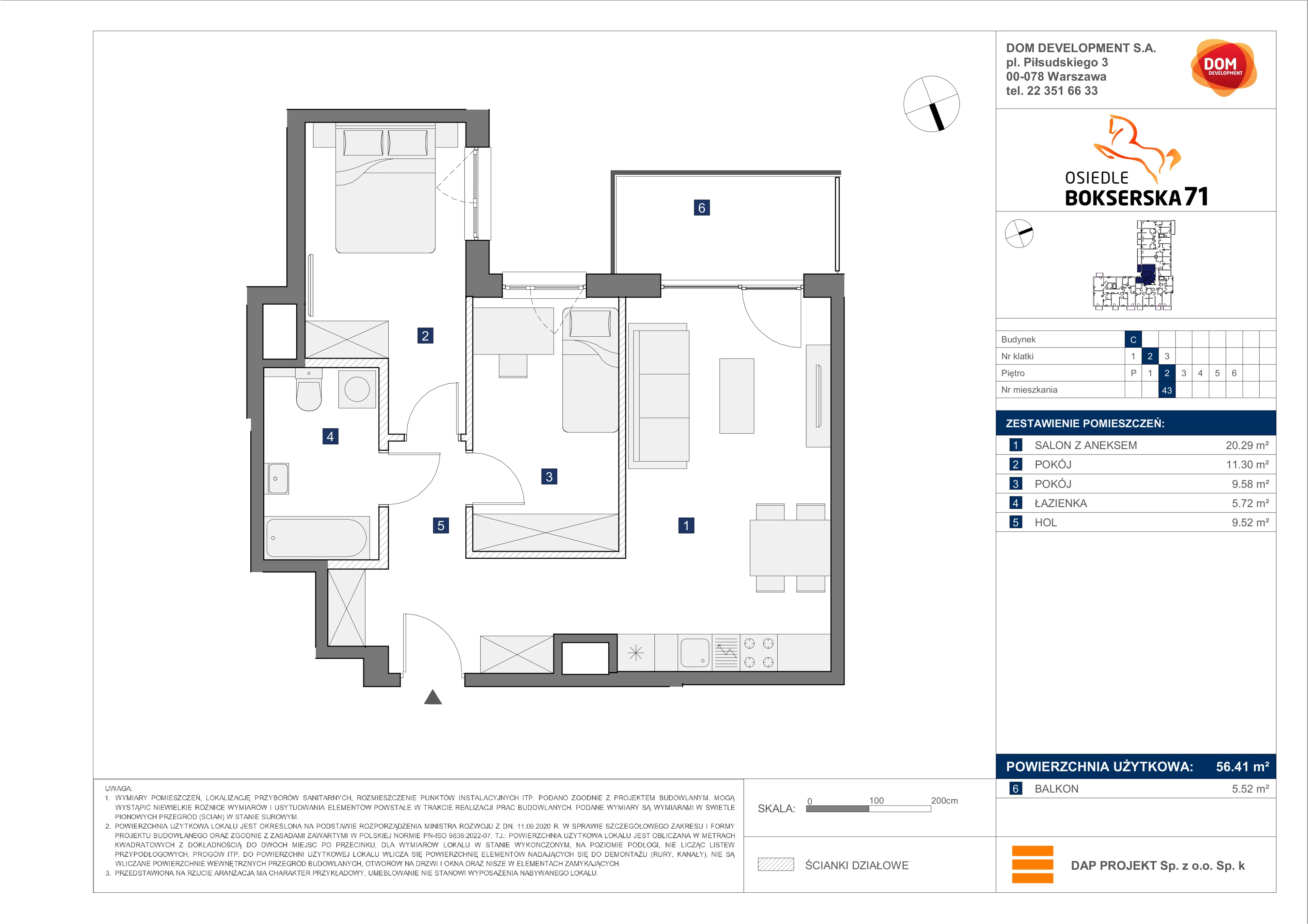 3 pokoje, mieszkanie 56,41 m², piętro 2, oferta nr C/43, Bokserska 71 etap 2.2, Warszawa, Ursynów, Wyczółki, ul. Bokserska 71